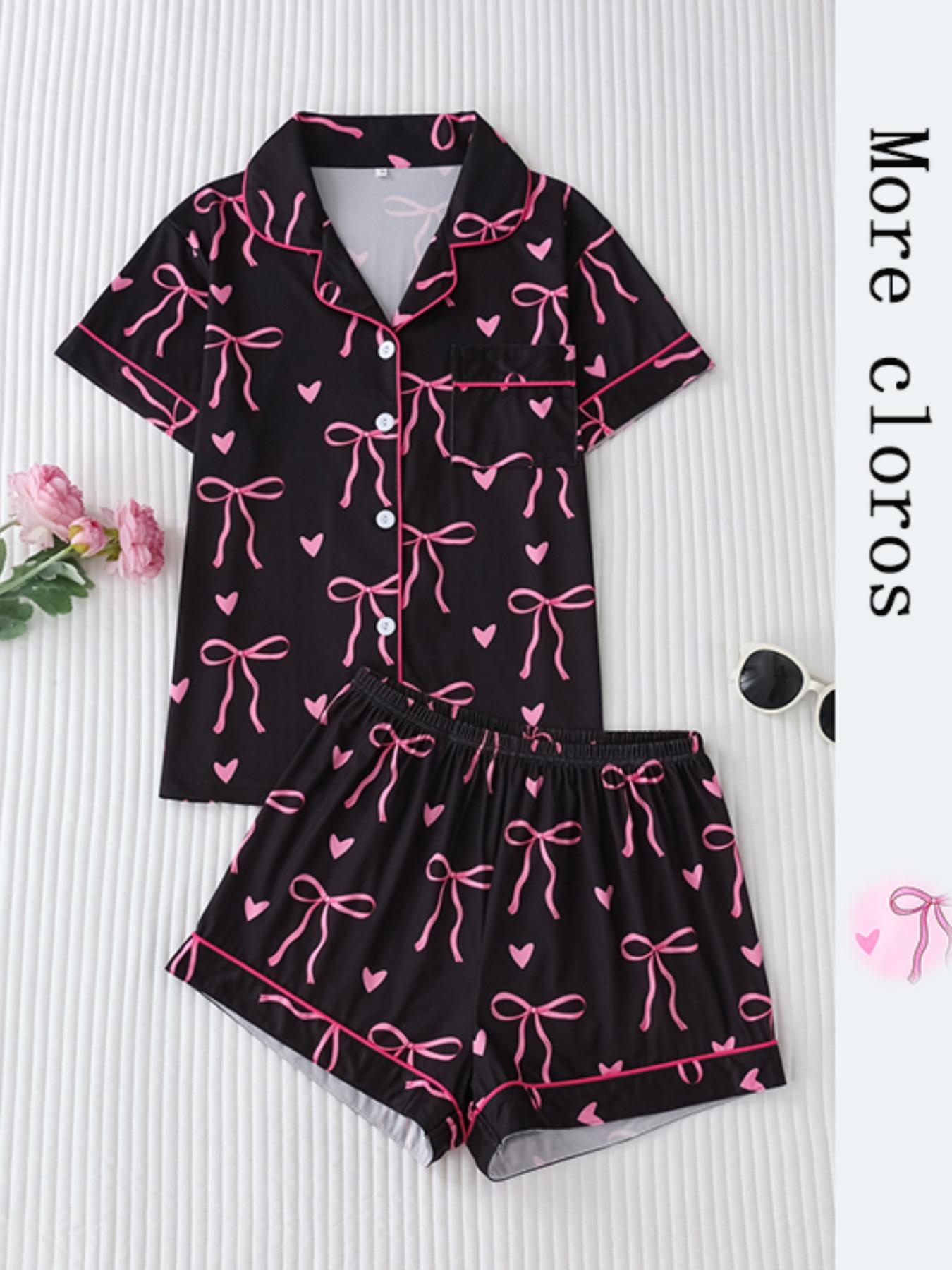 Women's Bow Print Short Sleeve Tee & Shorts Pyjama Set, Elegant Comfy Button Up Top & Elastic Waist Shorts Set, Ladies Sleepwear for All Seasons, Loungewear, Matching Pj Set, Womenswear, Pajama Set, Casual Comfy Pajama, Summer Sleepwear