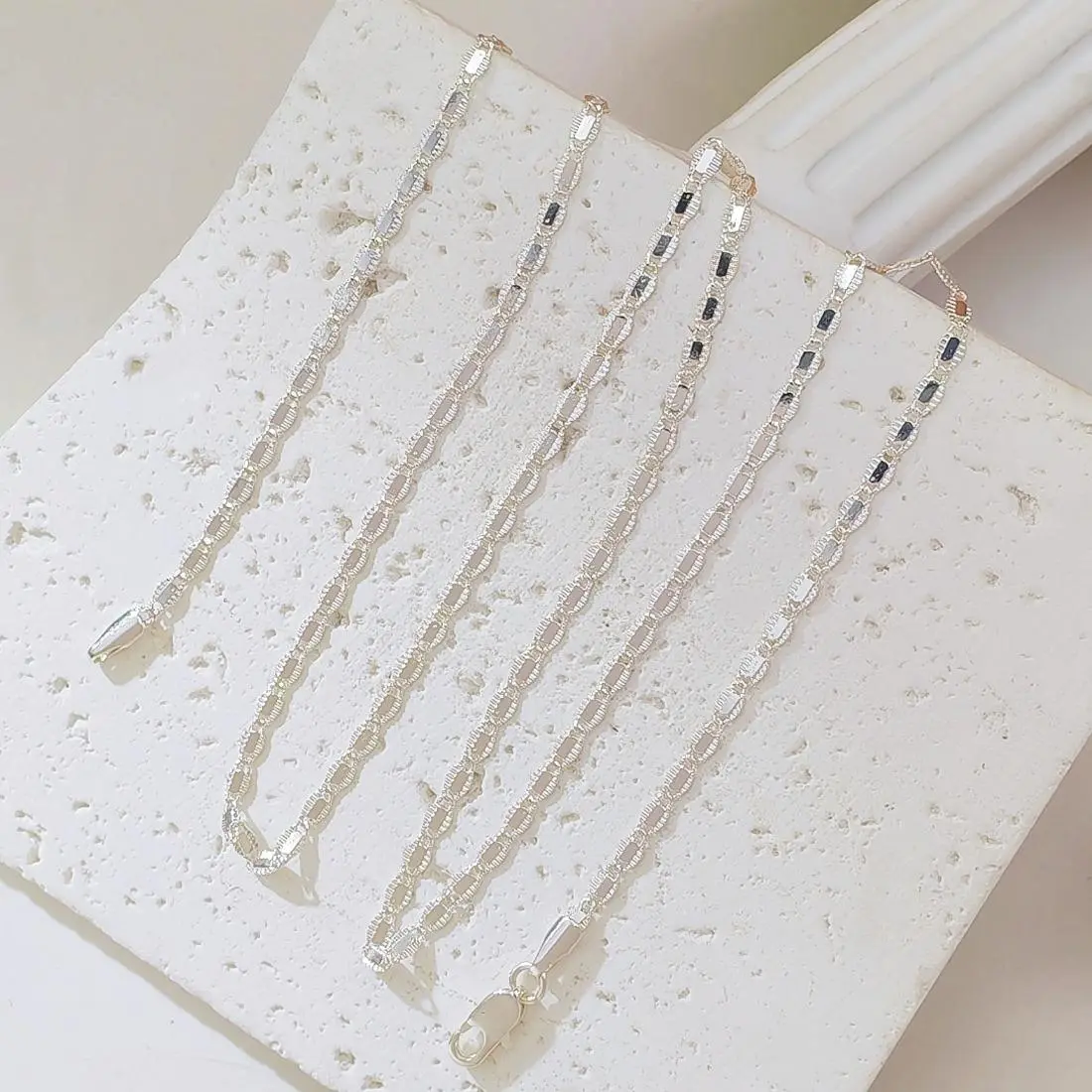 Chain Necklace – Bright Textured Rectangular Tile Chain, Adjustable Length, Dainty Minimalist Silver Necklace for Layering, Versatile Everyday Jewelry for Women Casual & Formal Wear