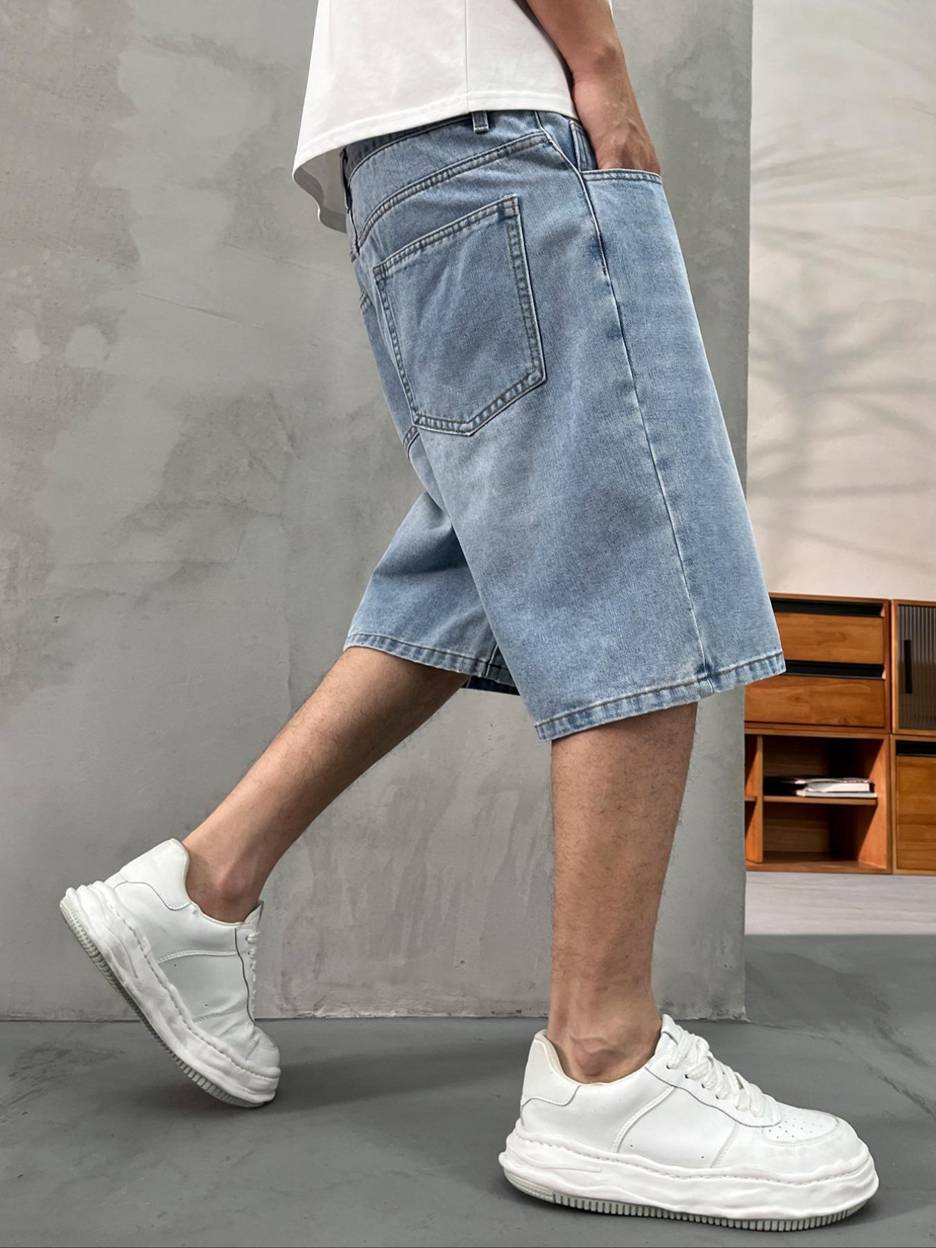 Men's washed retro color denim shorts, trendy, versatile, loose straight-leg casual streetwear denim five-point pants
