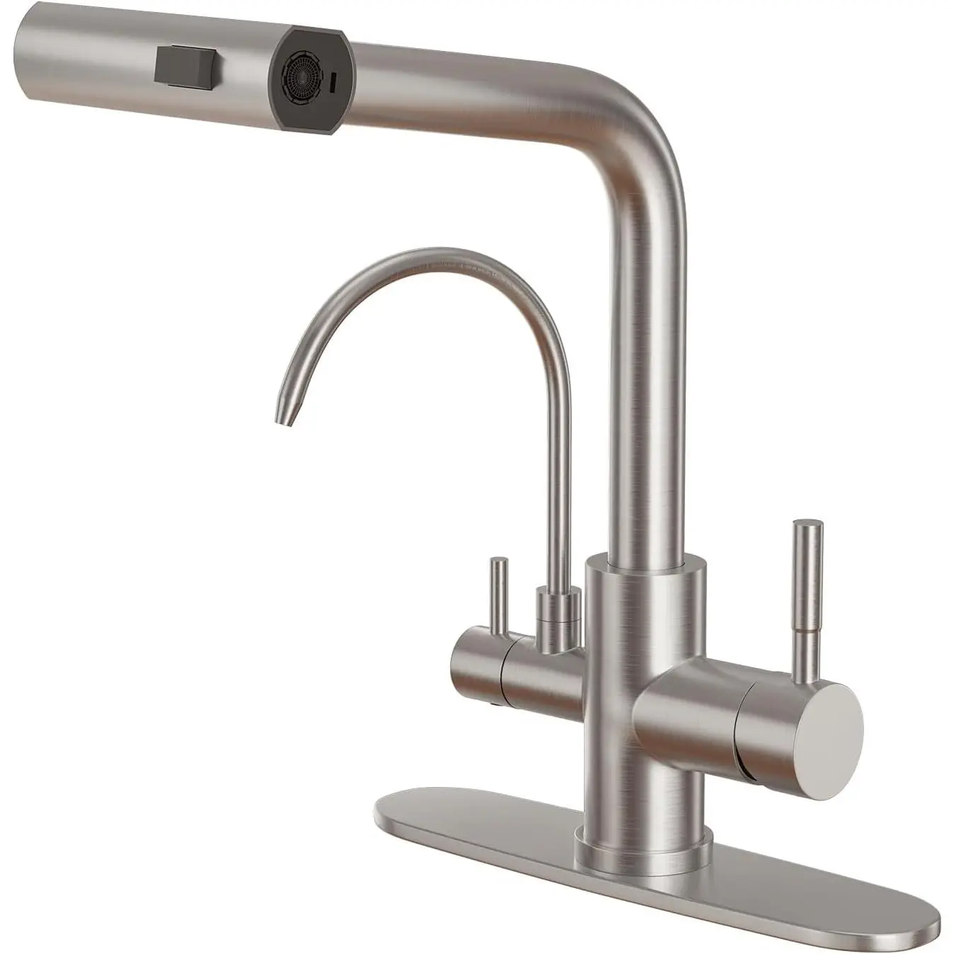 Pull-Down Kitchen Faucets, 3 Way Kitchen Sink Faucet with Pull Down Sprayer and Drinking Water Faucet, Include Deck Plate for 1 or 3 Holes Brushed Nickel