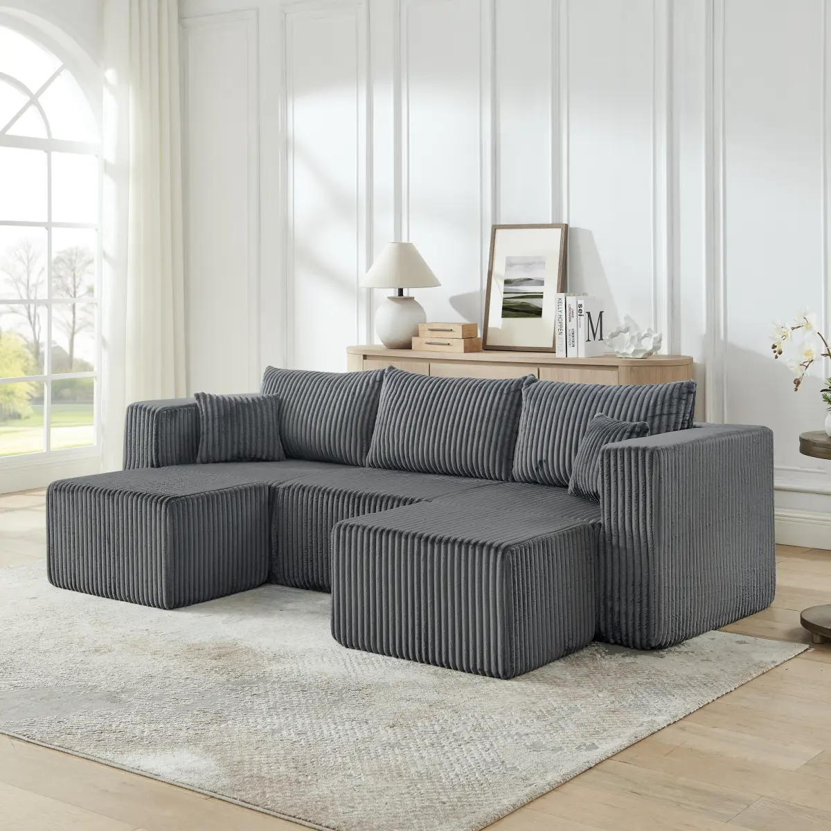 Compressed Modular Sofa with Corduroy Upholstery – Minimalist Compact Sectional Couch, No Assembly Required, Ultra-Comfy Space-Efficient Design for Small Living Spaces, Gray