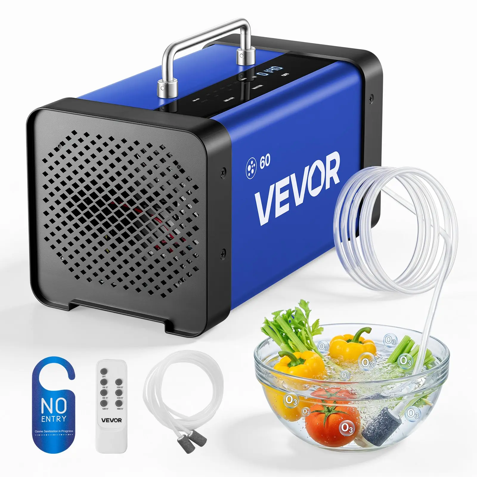 VEVOR Commercial Ozone Generator for Indoor Furniture Care, 60000mg/h Industrial Deodorizer with 15s Delayed Start, Dual-Hose Water Mode, LCD Touchscreen, for Car & Home Odors, Covers Up to 4800 sq. ft