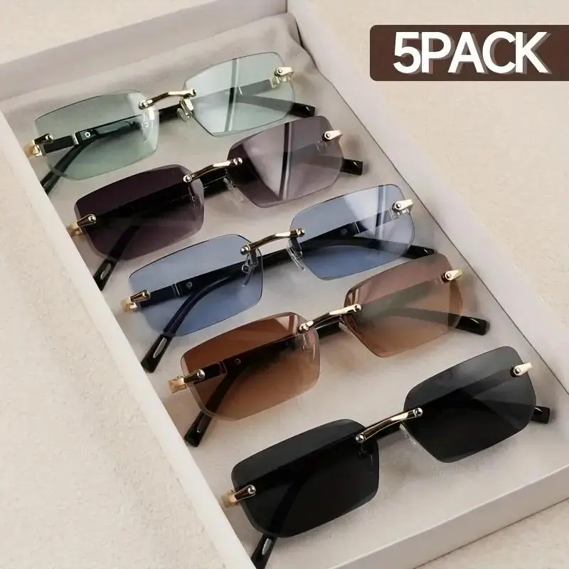 5PCS Y2K Square Rimless Glasses for Men, Trendy Fashion Clear Lens Eyewear Set, Lightweight Streetwear Party Festival Outfit Accessories Gifts
