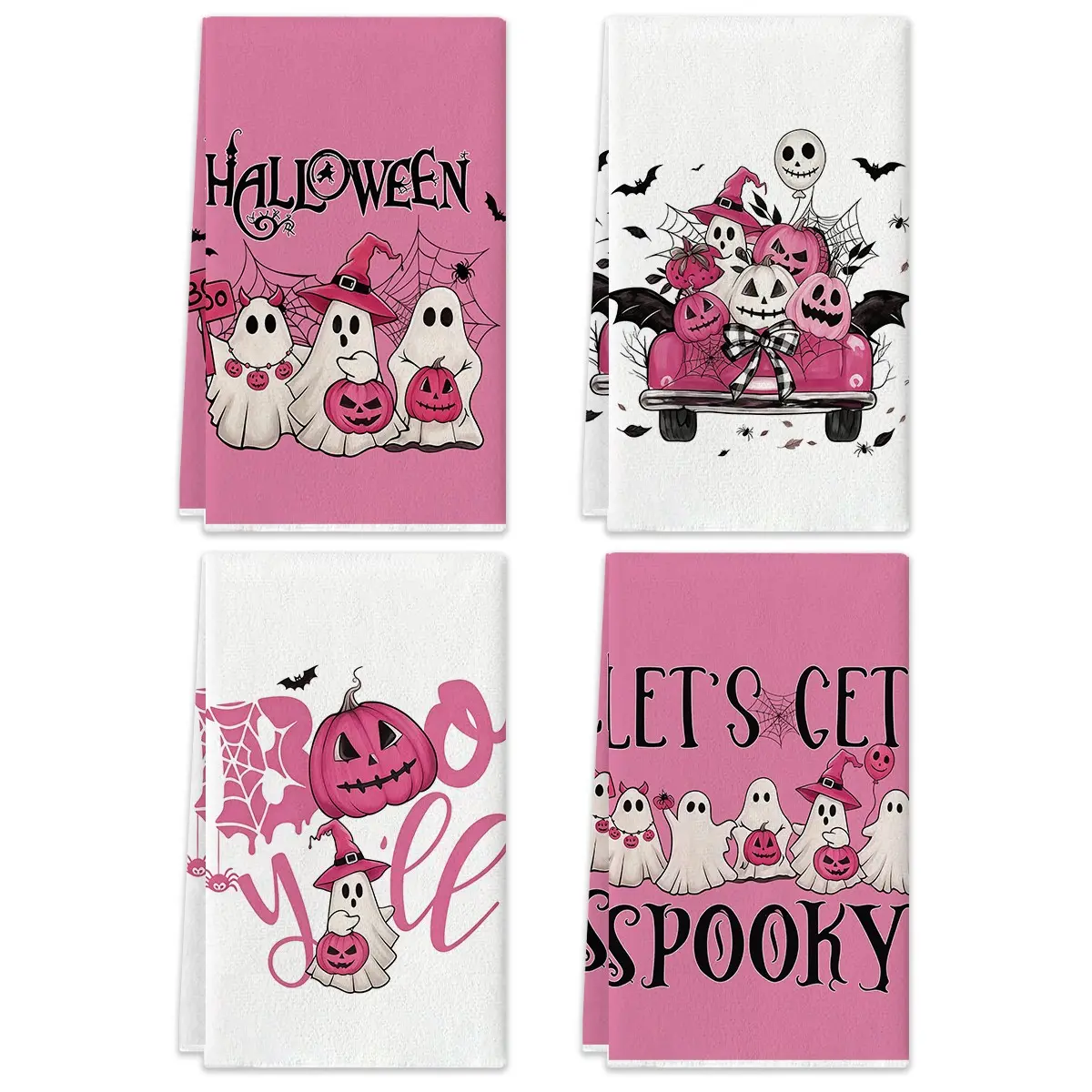 2/4pcs Halloween Kitchen Towels, Pink Ghost Bat Pumpkin Letter Pattern Printed Kitchen Towel Set, Fun Farmhouse Vintage Family Party Decoration, Soft Quick Drying Halloween Home Decoration Towel Set (15.7x23.6 inches) Multi functional Kitchen Towels
