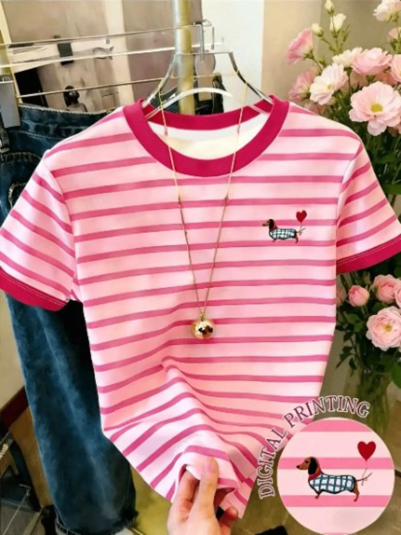 Summer Women's Short Sleeve T-Shirt, and Striped Round Neck, Cute Puppy Heart Print, Light Blue Trim, Casual Fitted Tee, Everyday