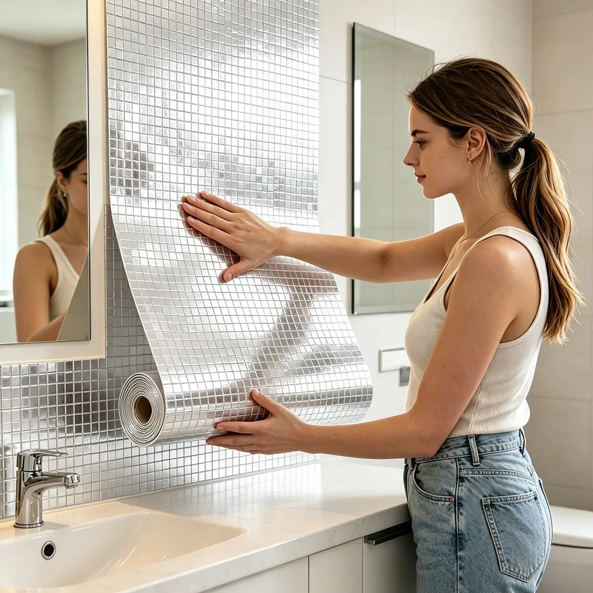 Luxury Decorative Self Adhesive Reflective Mirror Mosaic 3D Wall Decor, Peel and Stick Removable Metallic Mosaic Wall Stickers Tile Sticker, Bathroom Kitchen Home Decoration