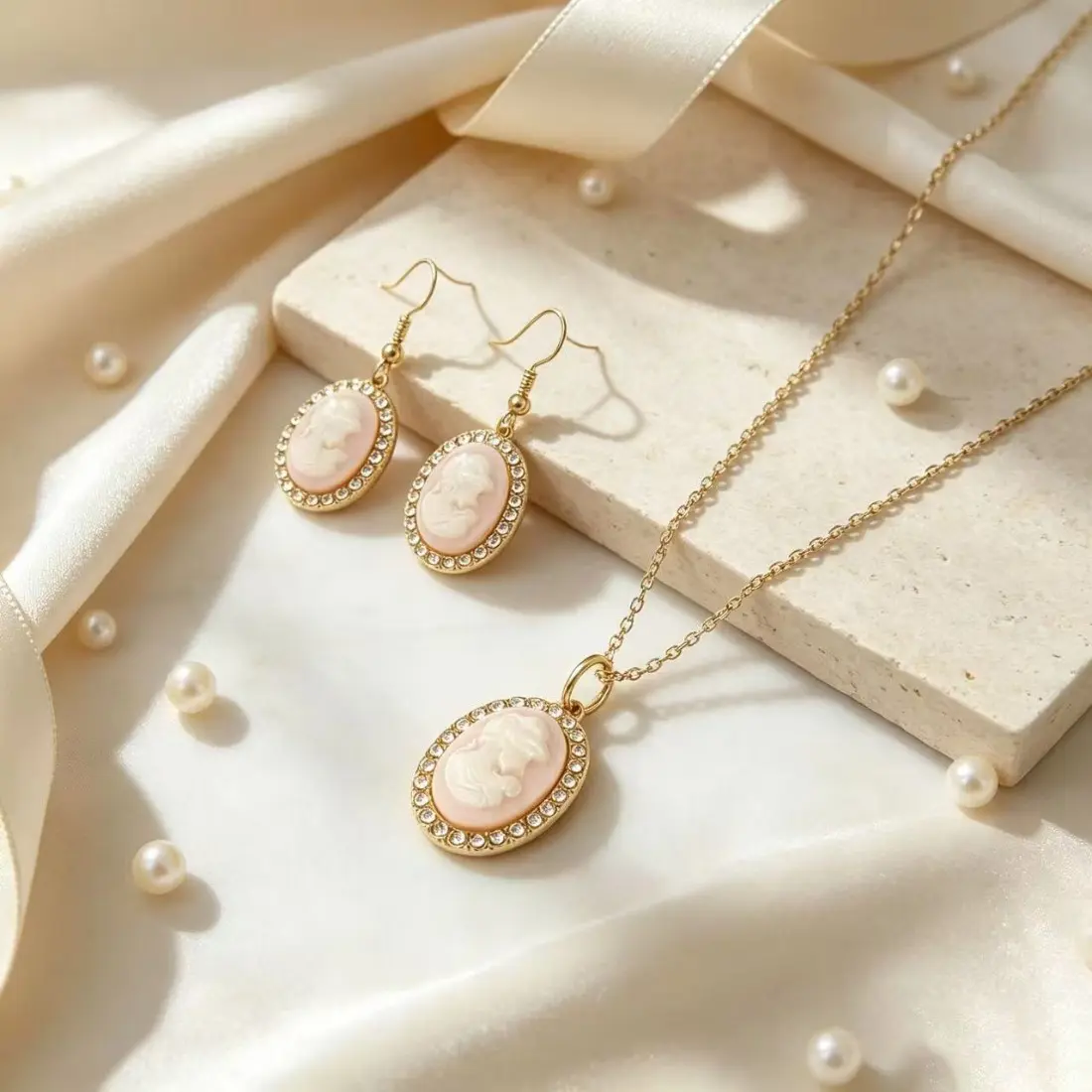 Pink & White Vintage Portrait Jewelry Set, Retro Embossed Statement Earrings and Necklace, Artistic Feminine Jewelry with Raised Portrait Detail, Trendy Fashion Accessory for Parties, Dates & Everyday Looks