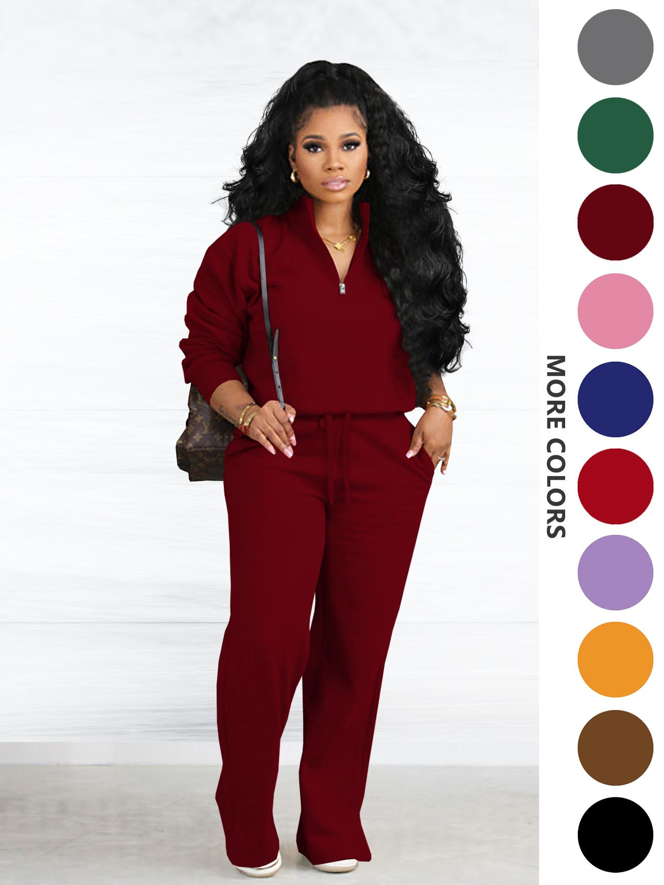 Two-piece Set Women's Solid Zip Up Funnel Neck Sweatshirt & Drawstring Waist Pants, Casual Fashion Cozy Fitted Drop Shoulder Long Sleeve Top & Pocket Trousers for Daily Outdoor Wear, Women's Clothing for Fall & Winter