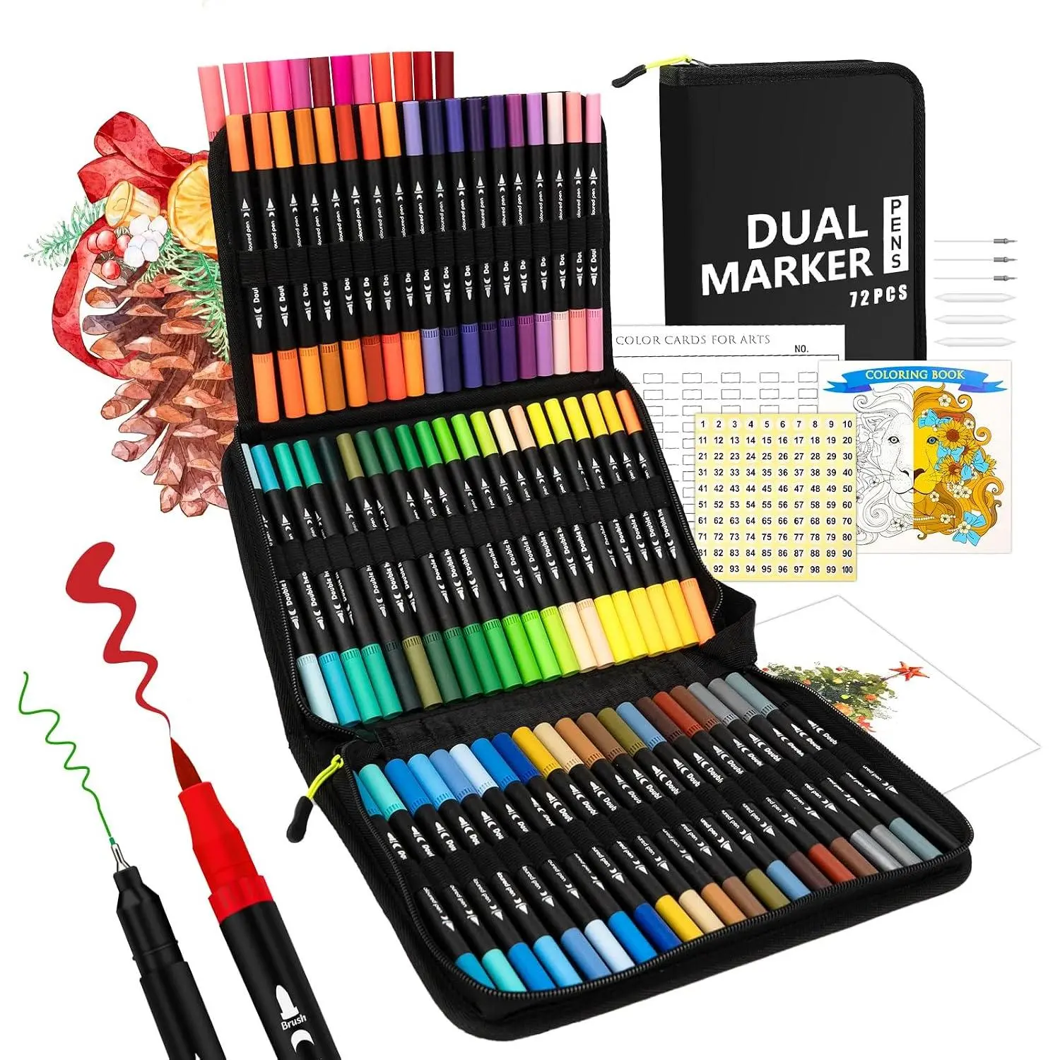 72 Dual-Tip Coloring Markers for Adult Coloring Books - No Bleeding Brush/Fine Tip Office Stationery for Calligraphy Writing, Sketching with Case, Gifts for Teens