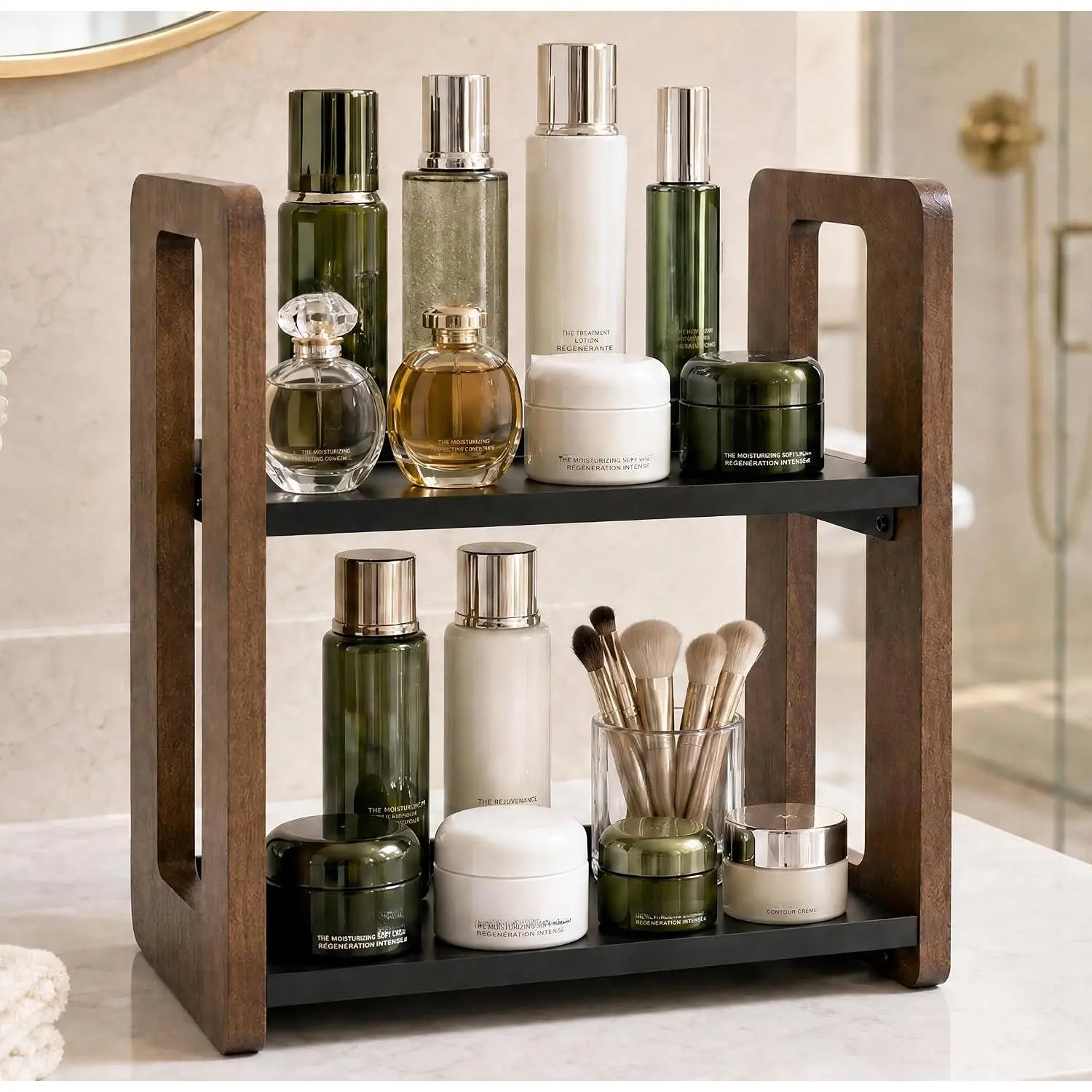 Bathroom Counter Organizer, 2-Tier   Shelf for Makeup | Brown Skincare Perfume Lotion Countertop Organizers and Storage, Rustic Stand Holder for Kitchen, Dresser, Coffee Station