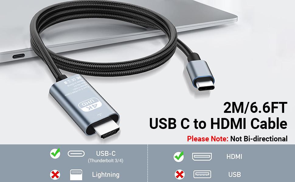 USB C to HDMI Cable 4K@60HZ (2M/6.6FT), USB C to HDMI Adapter New Nylon, USB-C to HDMI Cable Unidirectional [Thunderbolt 3/4 Compatible] for MacBook Pro/Air, iPad Pro,Samsung S Serise, Accessories, Nylon Braid