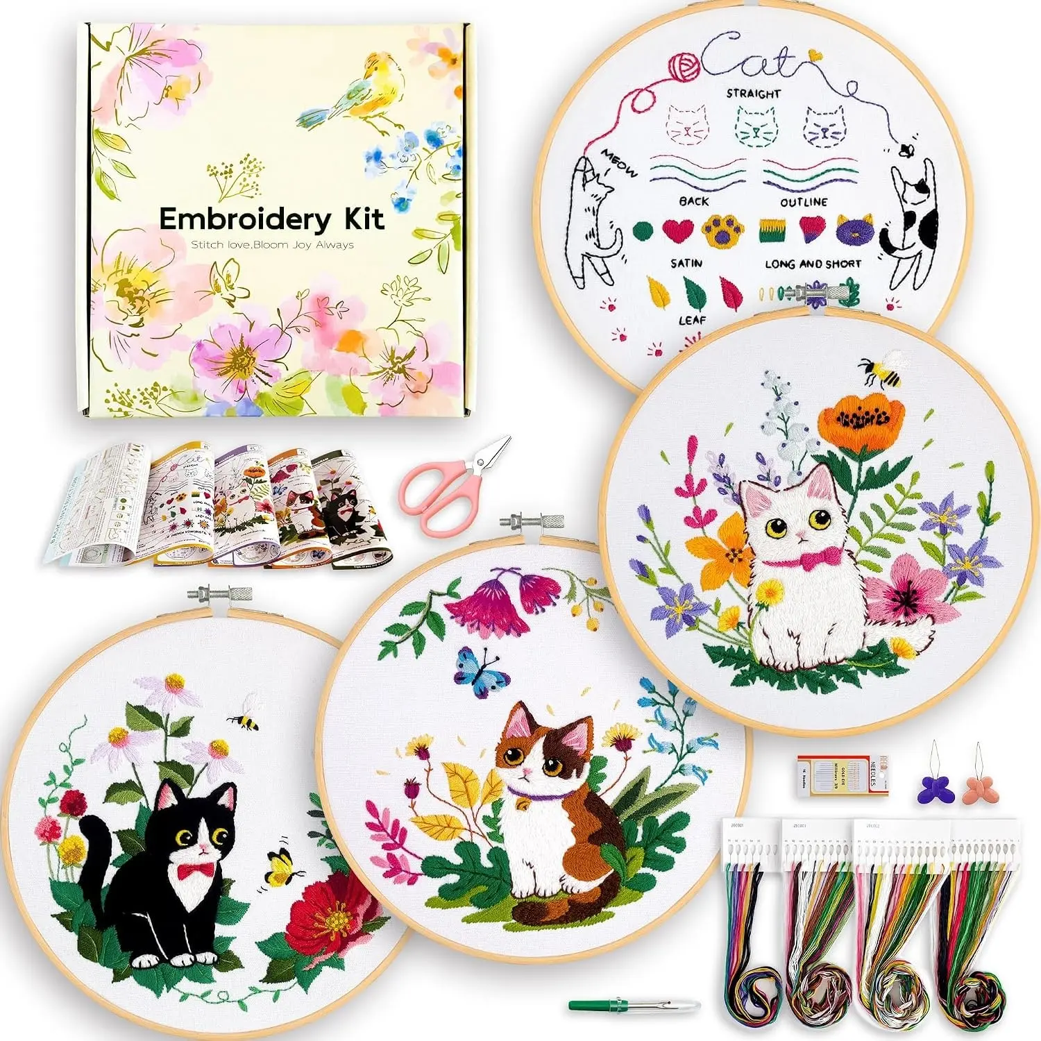 4-Piece Cat Embroidery Kit for Beginners Adults, Easy-to-Follow Instructions with Video Tutorial, Complete Tools Included, Ideal Gift for Craft LoversGift