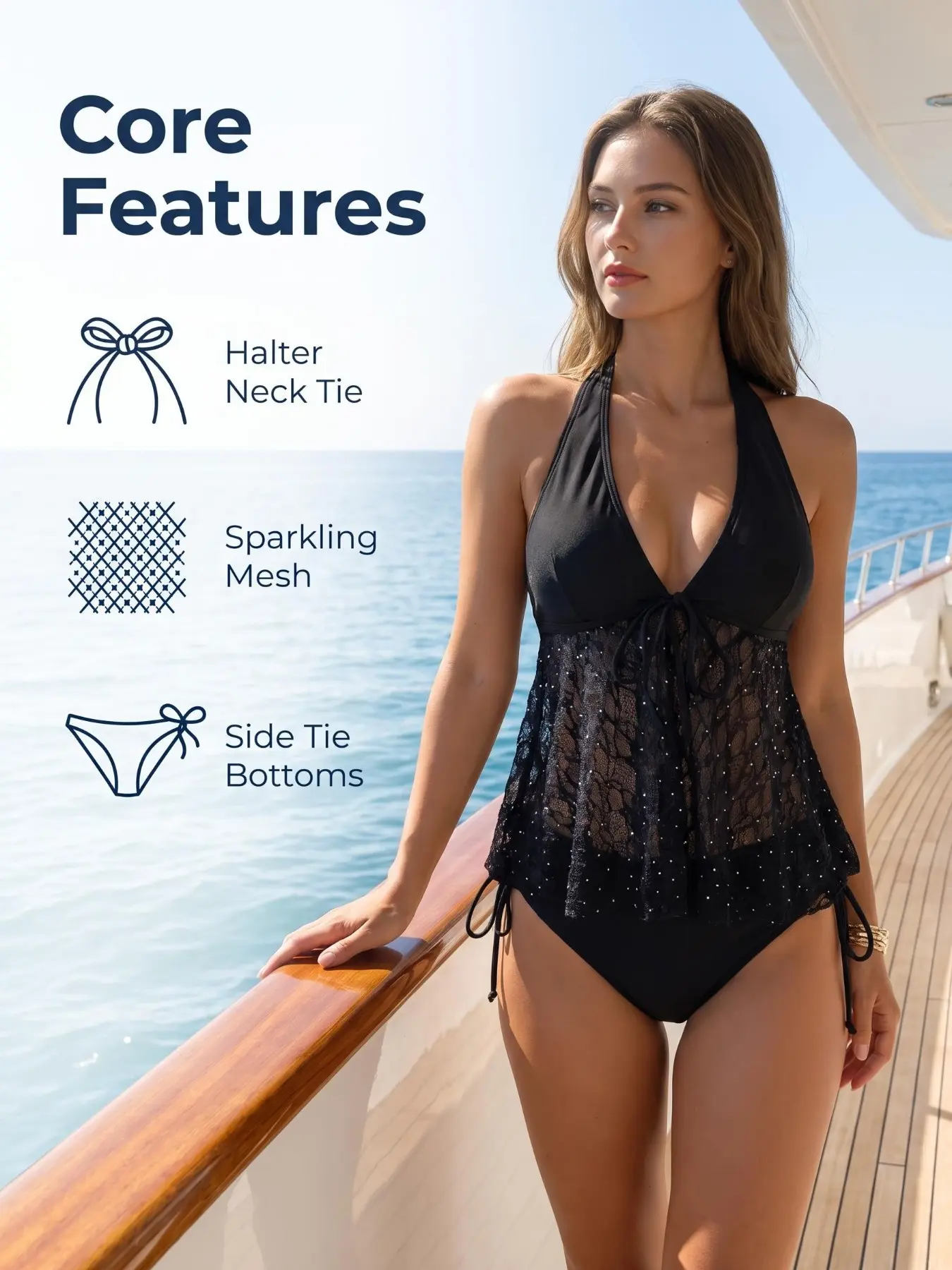 New Women's Black Halter Sequin Mesh Split Tankini Swimsuits for Women, Deep V Neck 2 Piece Bathing Suits Tummy Control Swimwear for Beach Pool Yacht Vacation