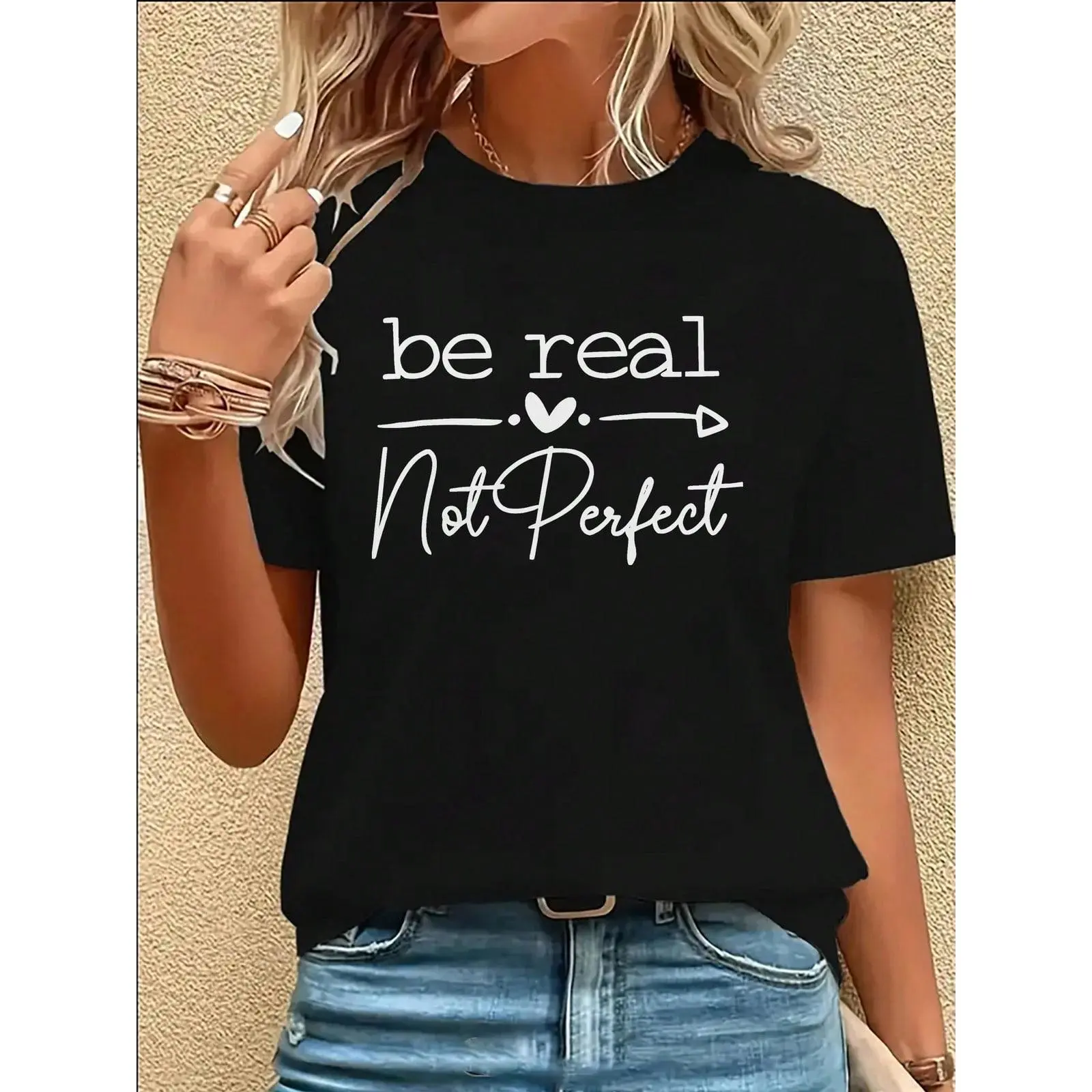 Women's Black Loose Short-Sleeve Crew Neck T-Shirt - Breathable Stretchy Fabric, "Be Real Not Perfect" Slogan & Positive Affirmations, Self-Love 1-Piece Sports Top, Versatile Weekend Casual Wear, Birthday/Easter/Mother's Day Gift, Shortsleeve, Streetwear,