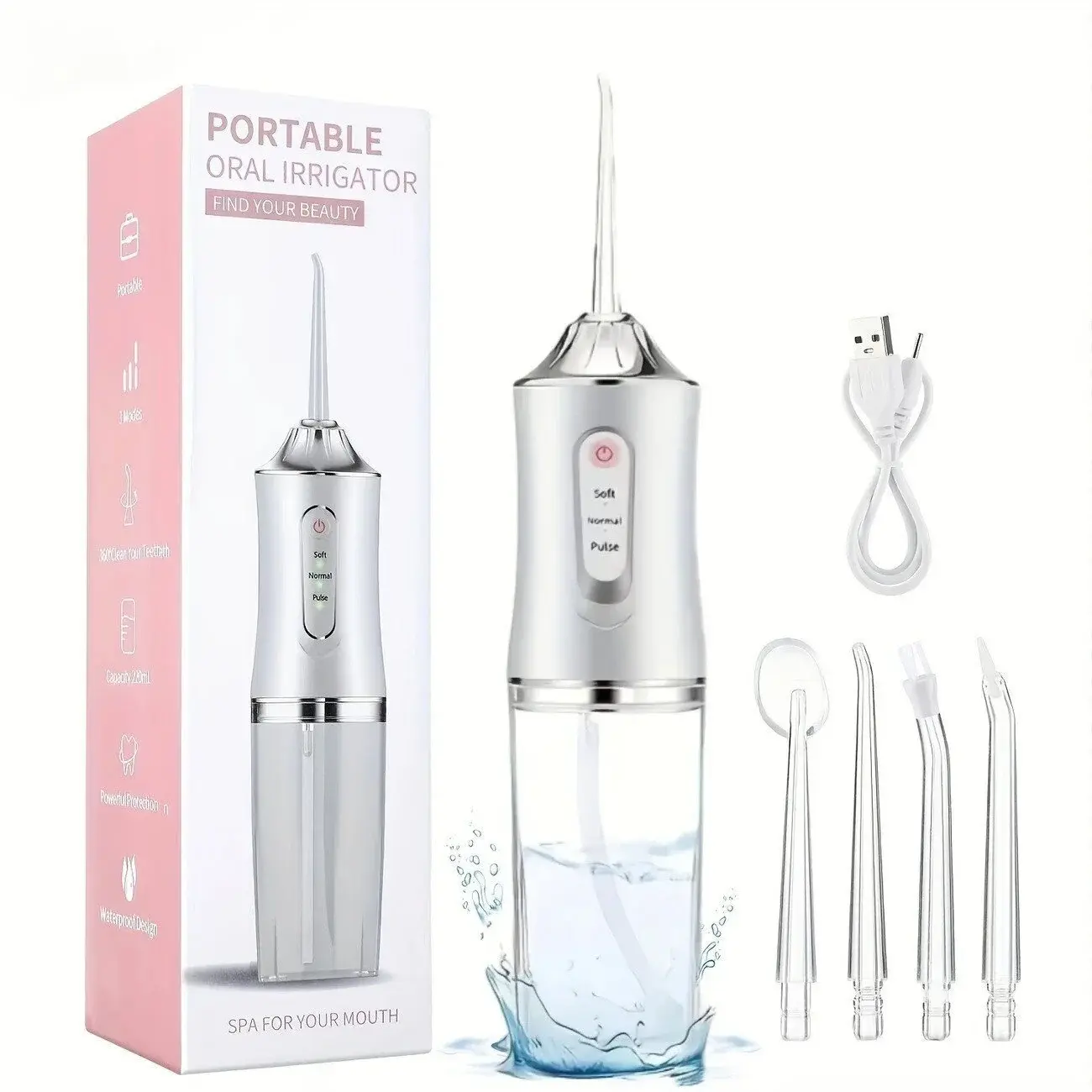 Portable Rechargeable Oral Irrigator, USB-Charged Water Flosser with 3 Modes, 4 Replacement Jet Tips, Lightweight Removable Design for Daily Oral Cleaning sohochic