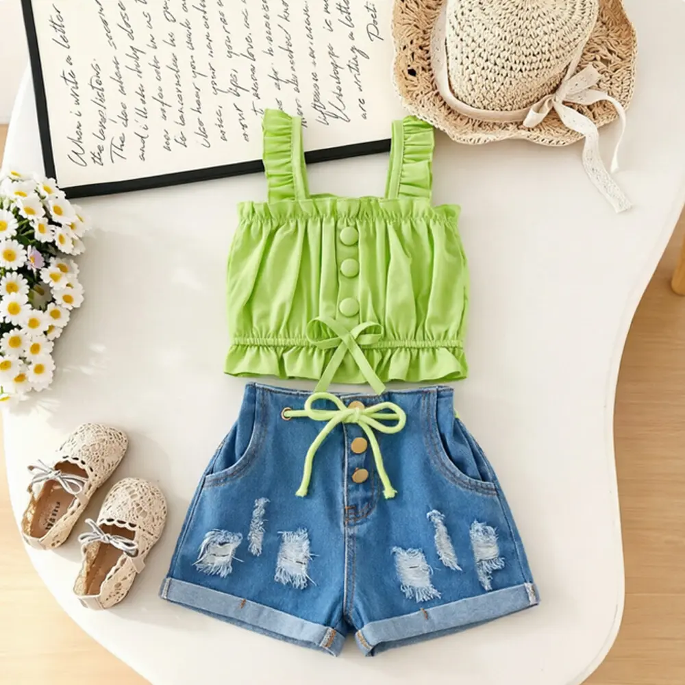 Toddler Girl’s 2-Piece Summer Outfit Set - Solid Color Ruffle Camisole & Ripped Denim Shorts, Cute Kids' Fashion Suit for Outdoor Activities