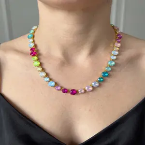 Date & Party Showstopper The Necklace - Colorful Crystal 18K Plated Collarbone Chain with Magnetic Clasp