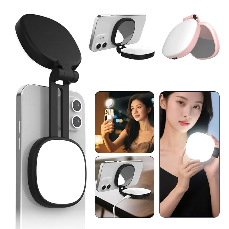 MyGo 2026 New 3-in-1 Magnetic LED Ring Light, Portable Rechargeable Selfie Light with Mirror and Phone Stand, 3 Color Modes for Makeup, Live Streaming, and Video Calls, Compatible with iPhone 17