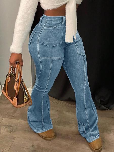 Women's Solid Pocket Flare Leg Jeans, Casual Comfy Denim Bell Bottom Trousers for Daily Wear, Ladies Bottoms for All Seasons