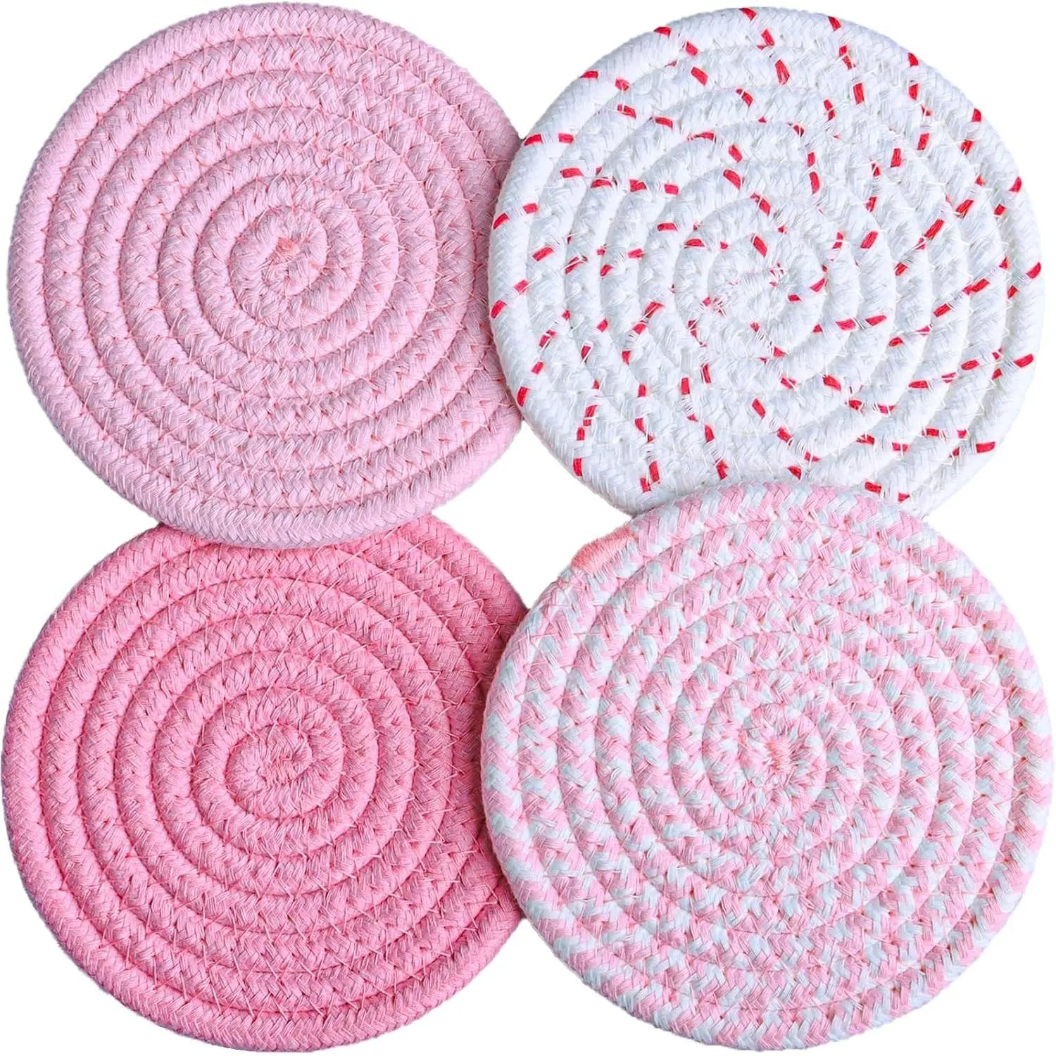4.8 Inch Drink Coasters Set of 4, Large Fabric Cotton Coasters, Cute Girly Absorbent Handmade Woven Coaster, Minimalist Boho Table and Desk Decor, Posavasos for Cups, Gift for Women (Colorful Pink)