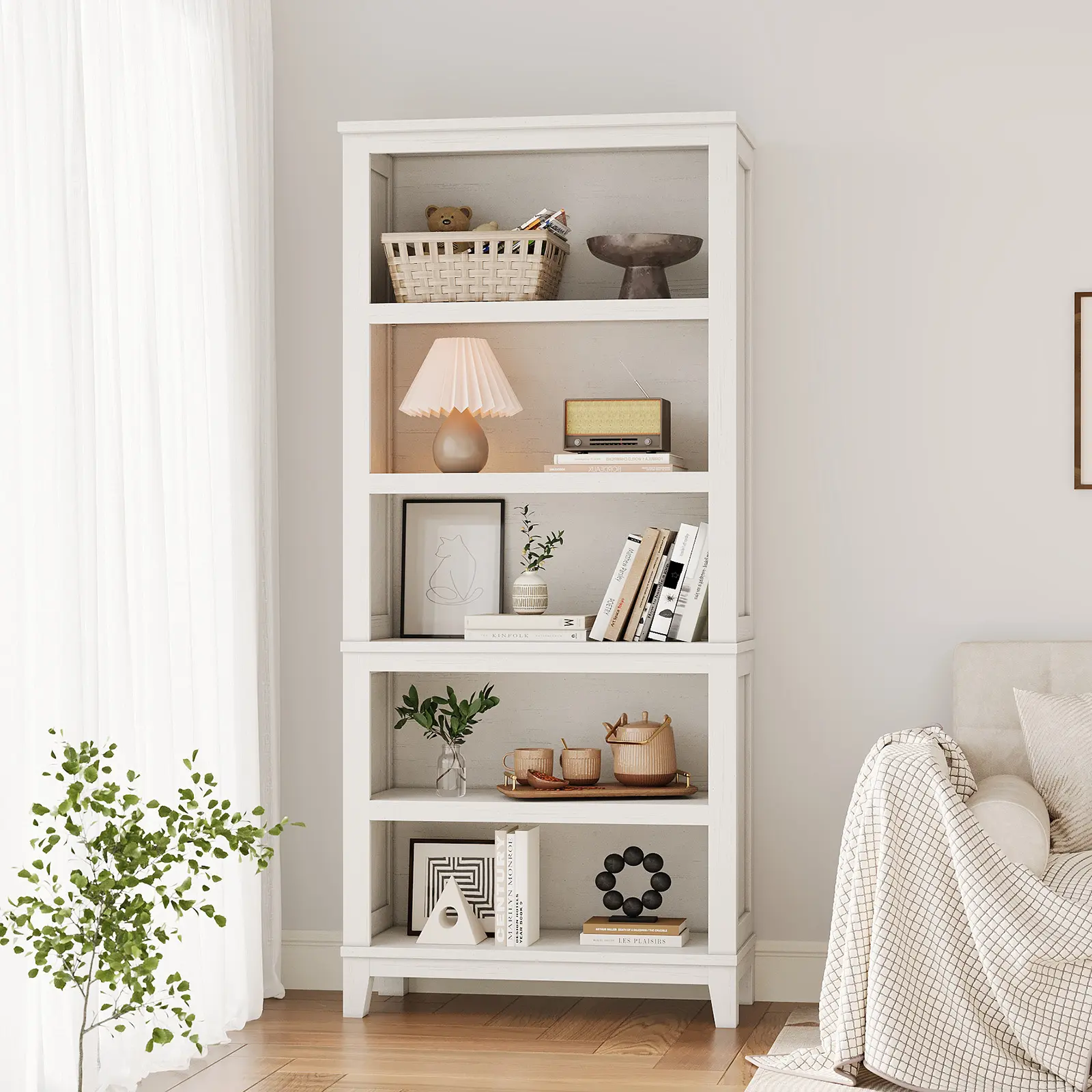 Rustic Farmhouse 5-Tier Adjustable Shelf Kit - 71.3in Tall, 31.5in Wide Indoor Storage Unit for Living Room, Office