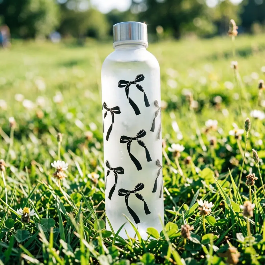 1000ML Cute Bow Print Frosted Sports Water Bottle, Screw Cap Leak-Proof Design, Portable Large Capacity, Ideal for Women, Travel, Daily Use