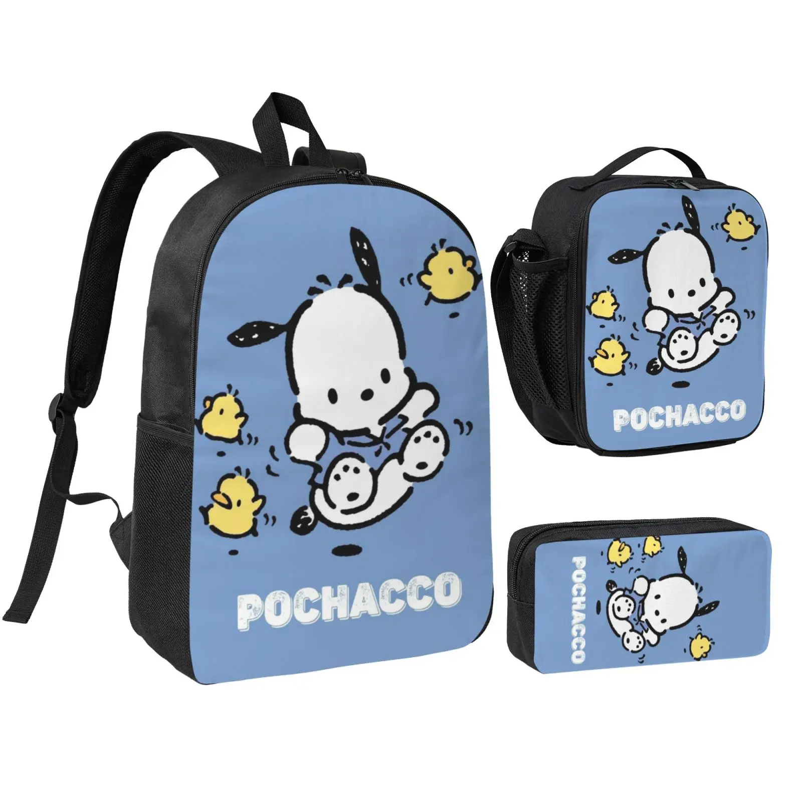Anime Pochacco Kids School Bag Set, Teen Boys Girls Backpack with Adjustable Shoulder Straps, Multipurpose Bookbag with Lunch Box Pencil Bag for School Travel Office Daily Use