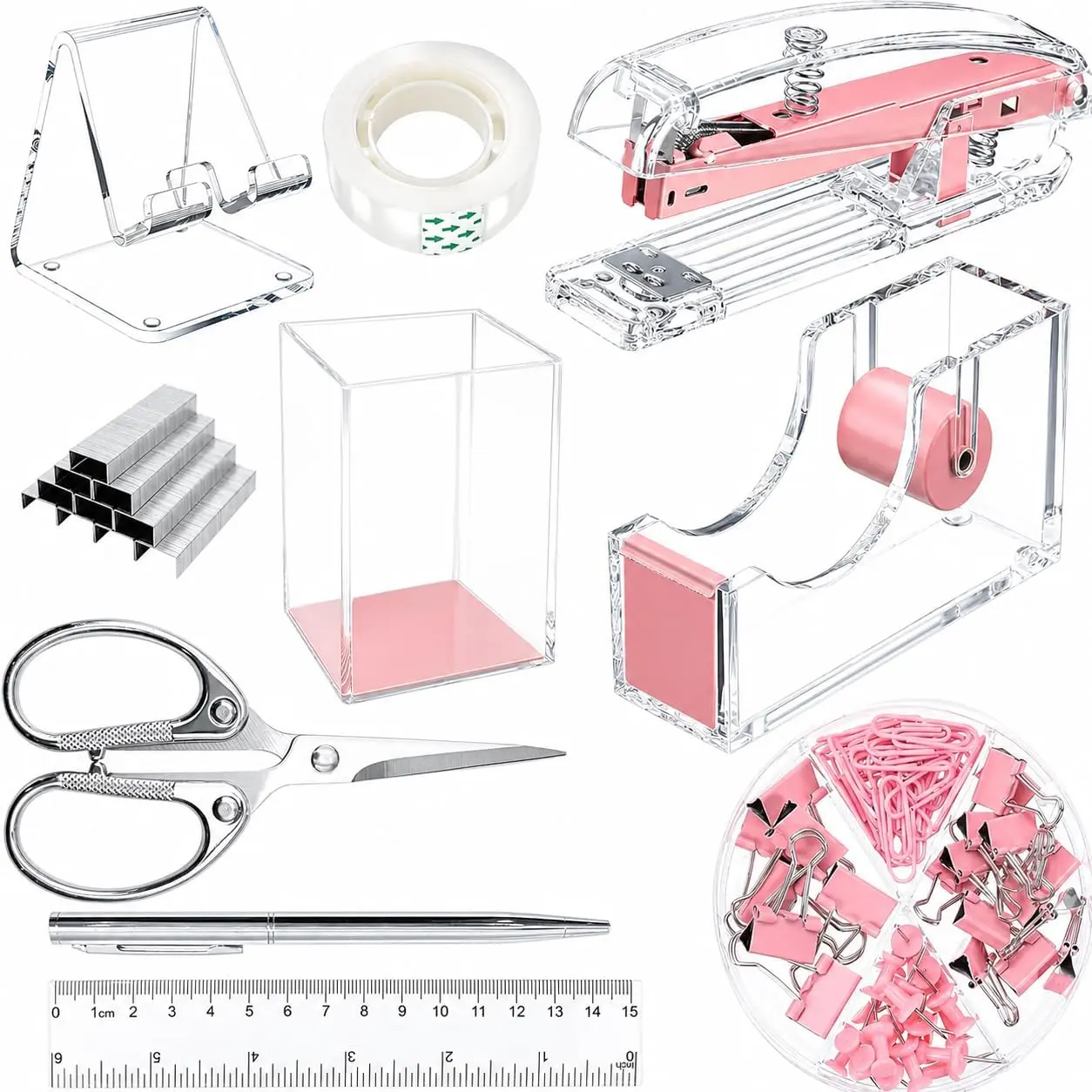 10 count Office Supplies Set with Desk Organizers and Accessories  | Office Set Includes a Stapler, Tape Dispenser, Pens, Pen Holder, Phone Holder, Ruler, , , Clips and Tape