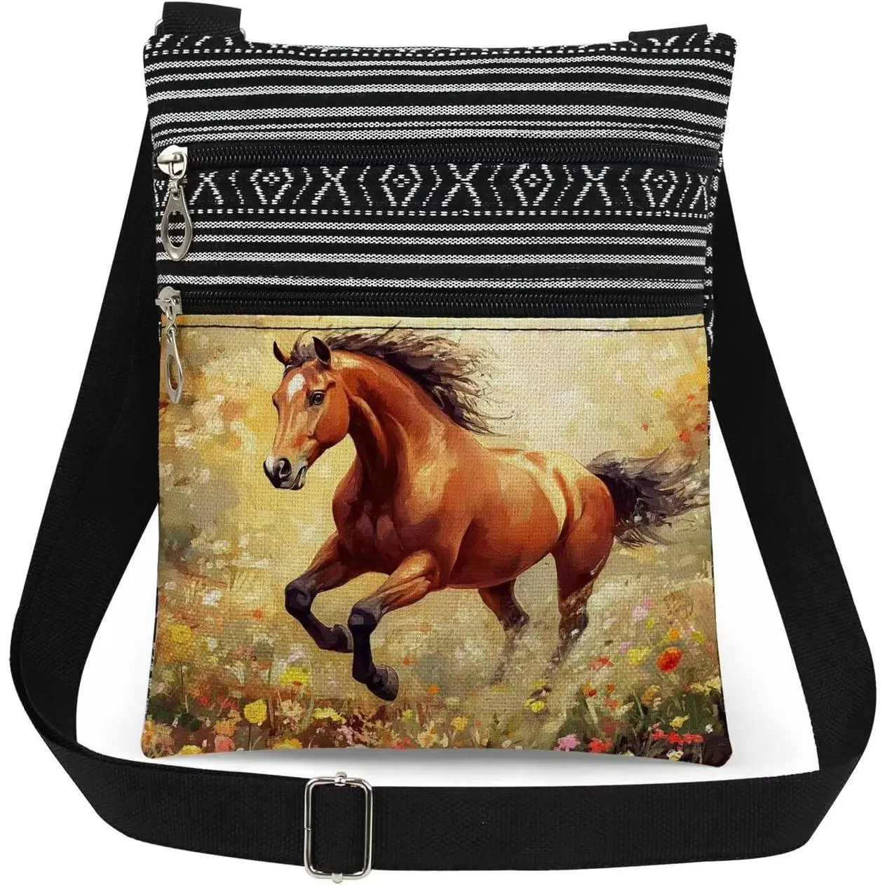 Horse Floral Print Crossbody Bag Adjustable Men  Bag with Zipper Horse Lovers Birthday  Outdoor Adventures Travel Messenger bags