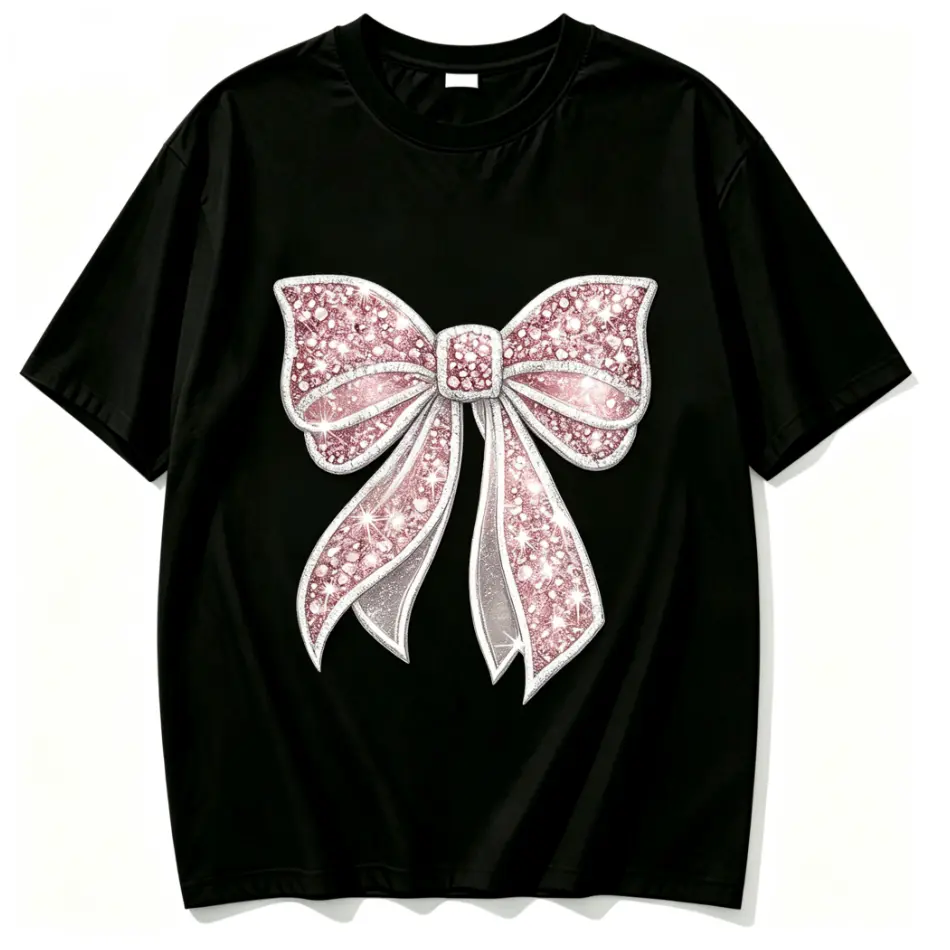100% Cotton Faux Glitter Rhinestone Sparkly Pink Large Bow Ribbon Graphic T Shirt Shiny Crystal Sequin Effect Coquette Aesthetic Soft Breathable Cotton Short Sleeve Casual Women Daily White Tee