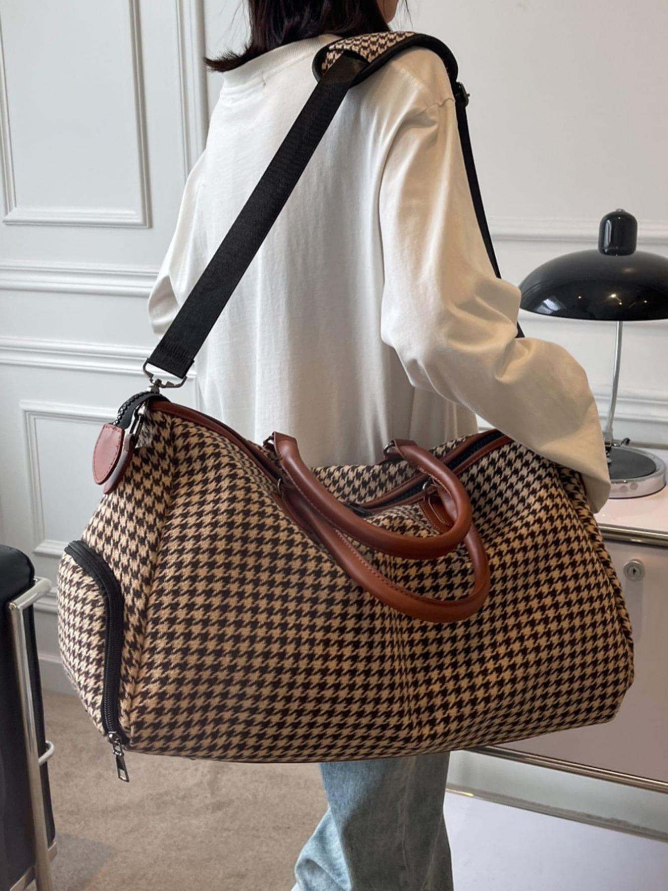 Houndstooth Pattern Travel Bag for Women & Men, Lightweight Large Capacity Zipper Bag, Casual Trendy Versatile High-quality Daily Commuting Bag, Travel Duffle Bag, Travel Duffel Bag, Canvas Travel Bags