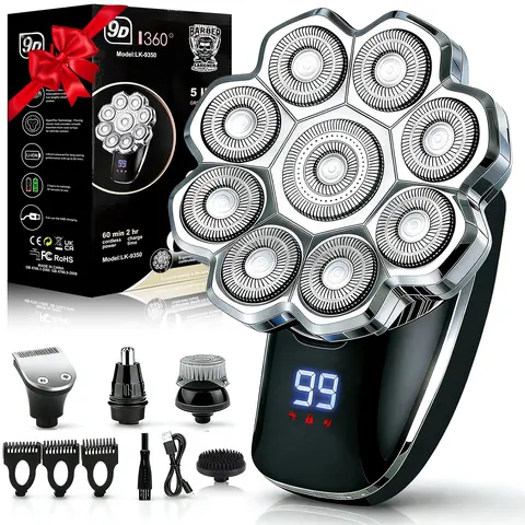 Largner 9D Electric Head Shaver for Bald Men, 5-In-1 Waterproof Wet/dry Grooming Kit, Cordless Portable Shaver, Cordless Rechargeable Razor for Home & Travel