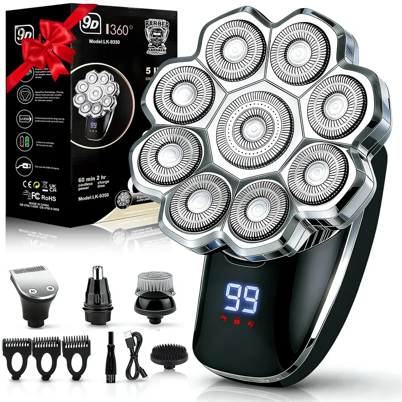 Largner 9D Electric Head Shaver for Bald Men, 5-In-1 Waterproof Wet/dry Grooming Kit, Cordless Portable Shaver, Cordless Rechargeable Razor for Home & Travel