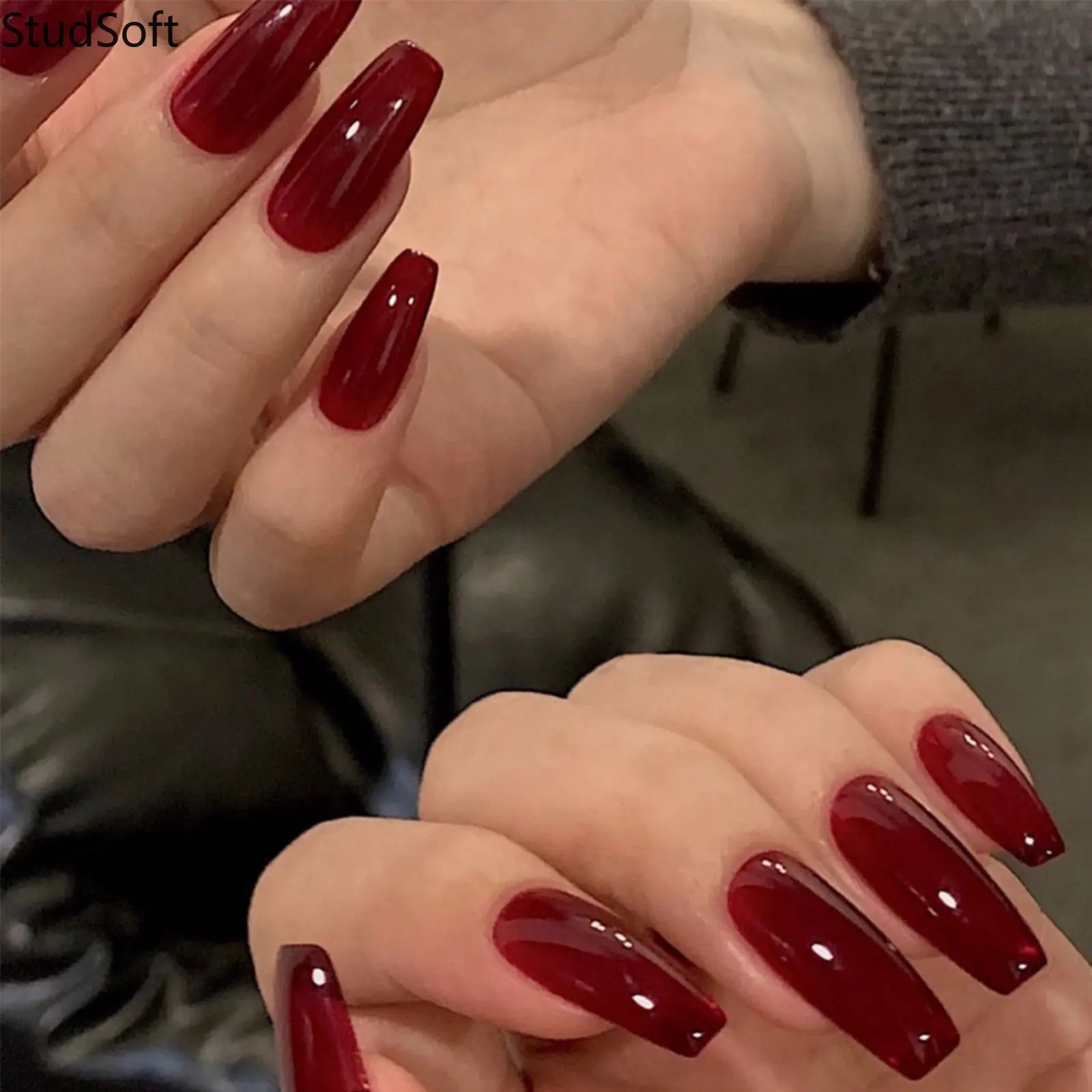 24Pcs Glossy Long Coffin Press on Nails, Jelly Burgundy Fake Tips, Wine Red Full Cover Acrylic Glue Artificial Manicure Nails for Sports & Outdoor Rainwear Enthusiasts, Press On Nails Acrylic