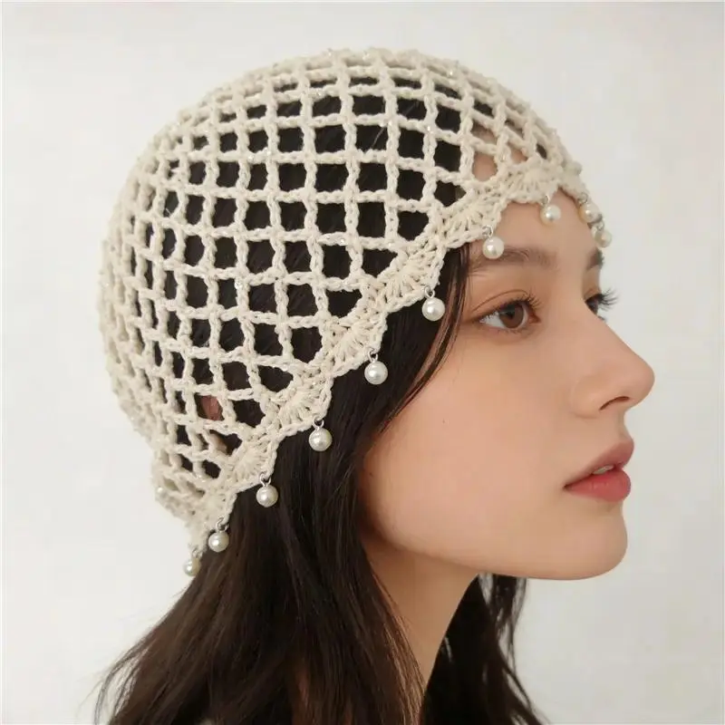 Mesh Crochet Beanie Hat with Pearl Fringe, Coquette Viscose Silk Headpiece, Boho Festival Wear Accessory