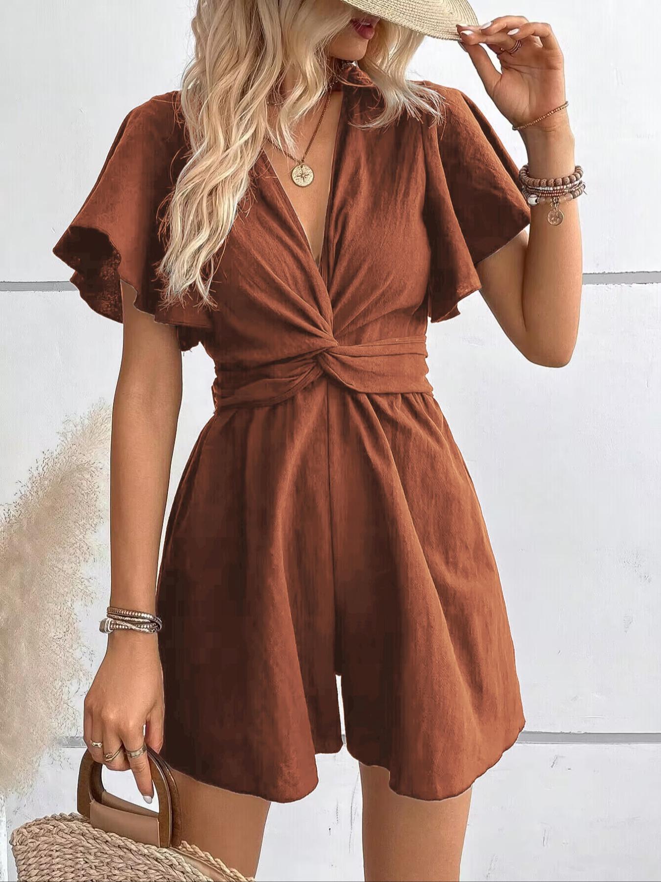 Women's Twist Butterfly Sleeve Romper, Casual Chic V Neck High Waist Wide Leg Jumpsuit, Ladies Summer Clothes for Daily Wear Womenswear Vneck