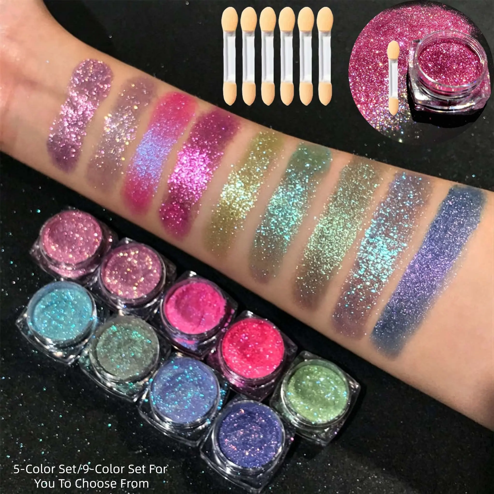 Metal Glitter Eye Shadow, High Gloss Pigment Sparkle Powder, 9 Colors/Set + 6 Pc Smudge Tool, Xmas Party Makeup Gift