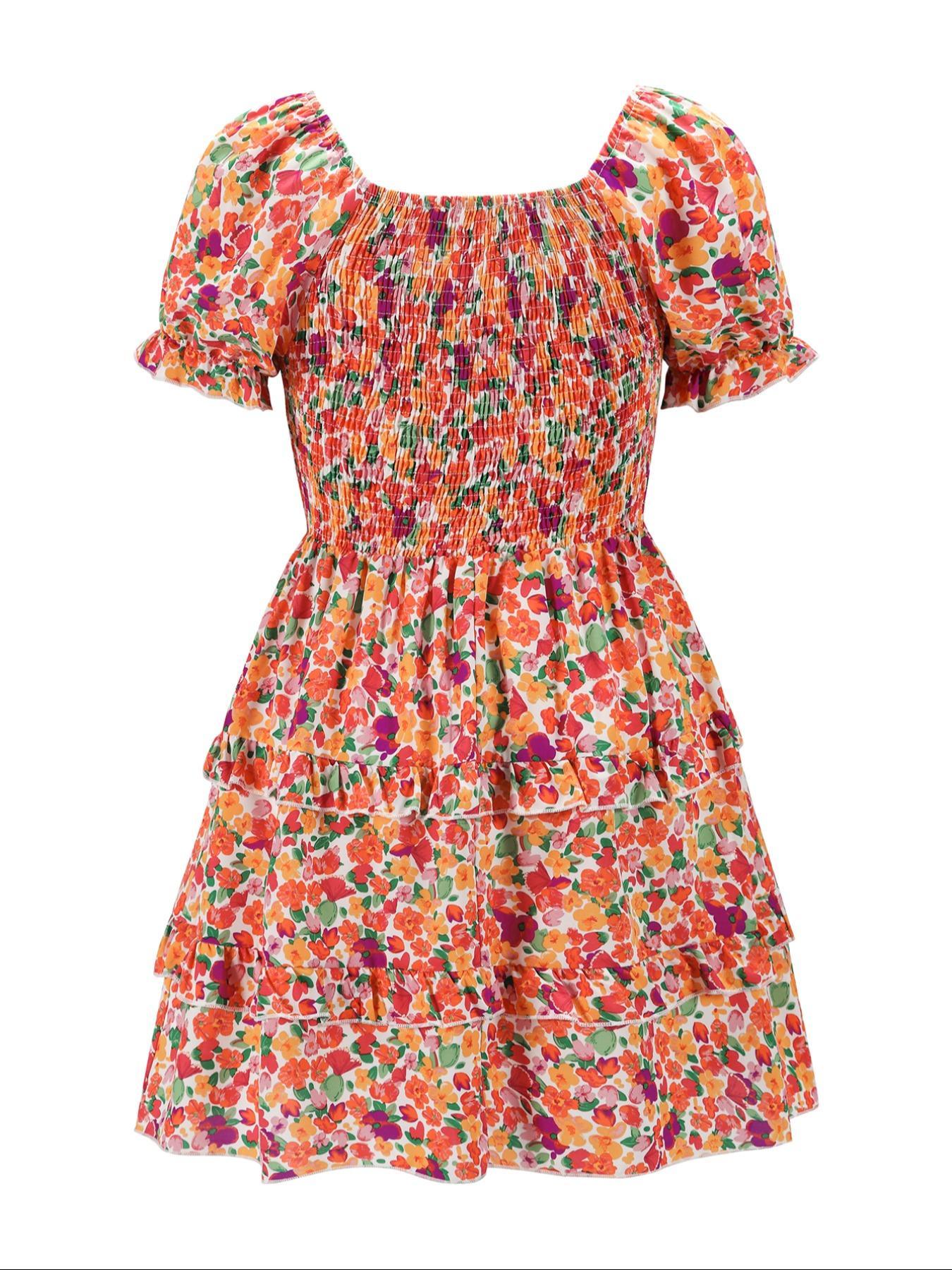 【Plus Size】 Floral Print Frill Trim A Line Dress, Boho Puff Sleeve Shirred Dress for Beach Holiday Vacation, Women's Casual Clothes for Summer