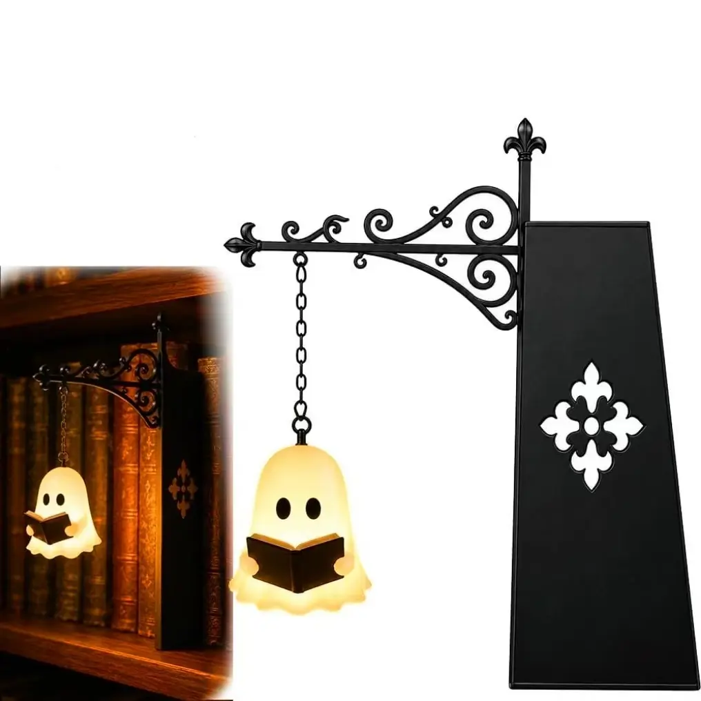 Ghost Bookshelf Lantern，Library Mini Bookshelf Lamp, Little Cute Lantern-Decorative Library Hanging Resin Lighting, Miniature Halloween Vintage Patchwork Reading Book LED Nightlight