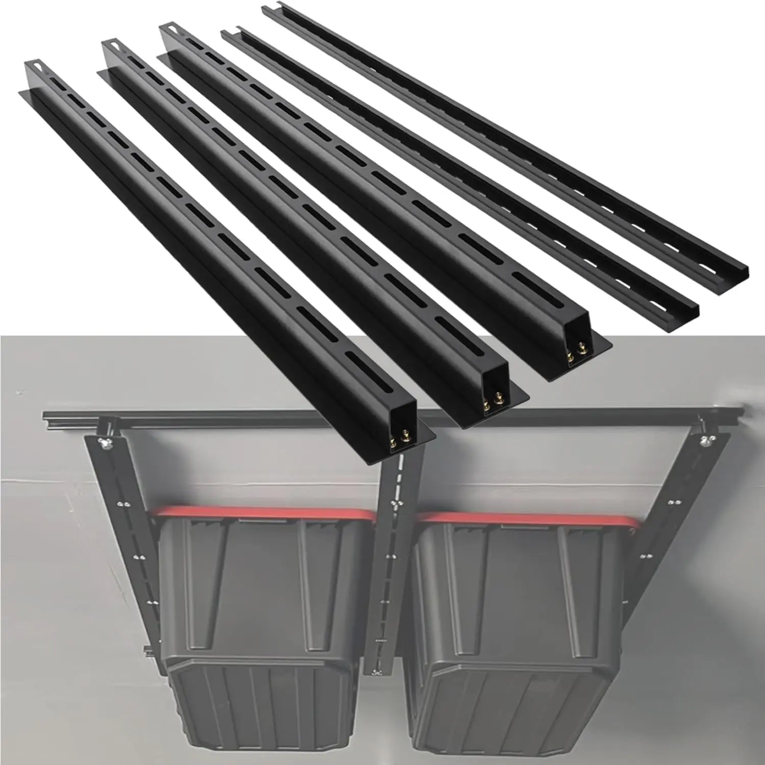 Garage Ceiling Storage Rack, Heavy Duty Overhead Storage Rails for Bins, Adjustable Tote Sliding Organizer, Fits 7-27 Gallon Bins, 310 lbs Capacity, 48” (4 Pack)