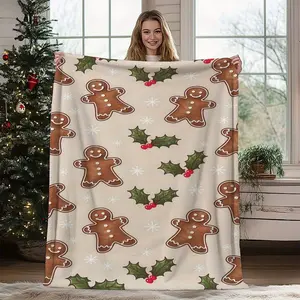 1Pc Gingerbread & Holly Print Throw Blanket - Soft Lightweight Flannel All-Season Reversible Bedspread/ Couch Cover - Beige, Brown, Green, White Christmas Decor - Cozy Winter Bedding For Sofa, Living Room, Guest Room - Perfect Holiday Gift For Christmas,