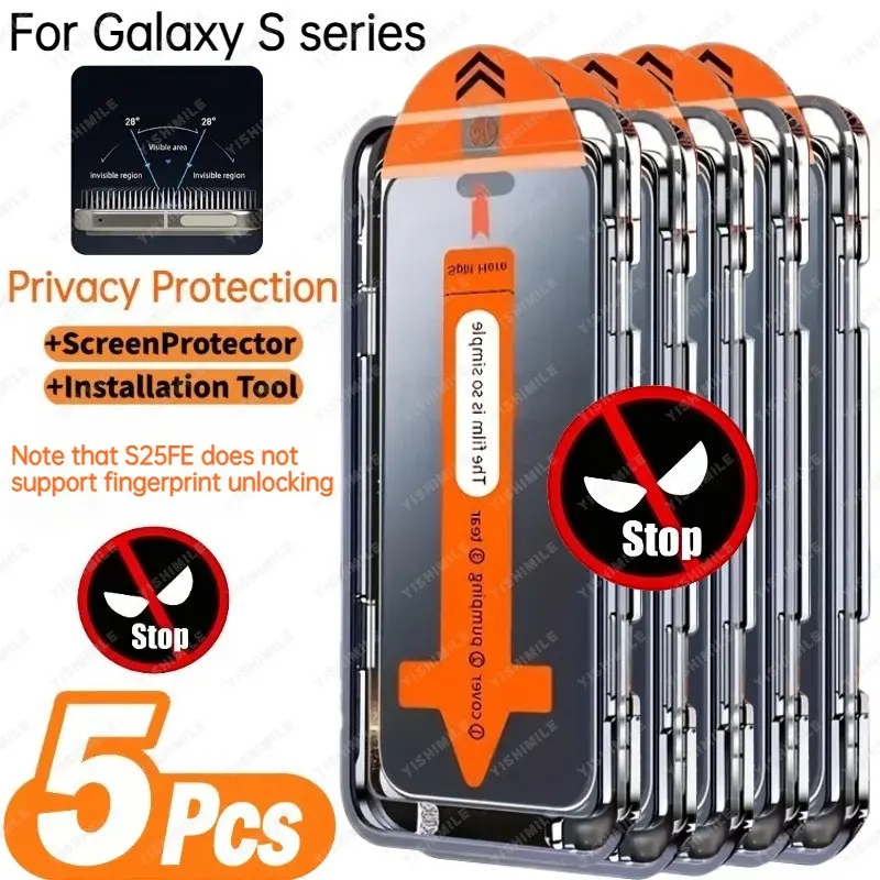 5pcs of Privacy Tempered Glass Screen Protectors Designed for Samsung for galaxy S22 5G, S22+ 5G, S23, S23+, S24, S24 Plus, S24 Ultra, S25, S25 Plus, S25 Ultra, S25 Edge, And S25 FE Series. They Feature 9H+ Hardness, Anti-Fingerprint Properties