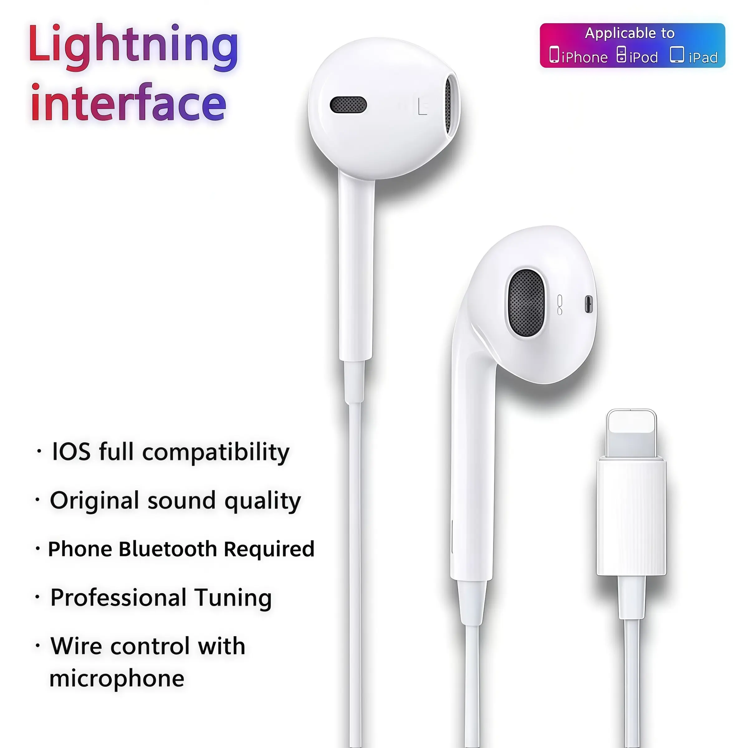 Flat-Head Wired Earphones with 8-Pin Plug, Bluetooth-compatible Connection, Full Compatibility, Line Control & Call Function, Ideal for Music & Drama