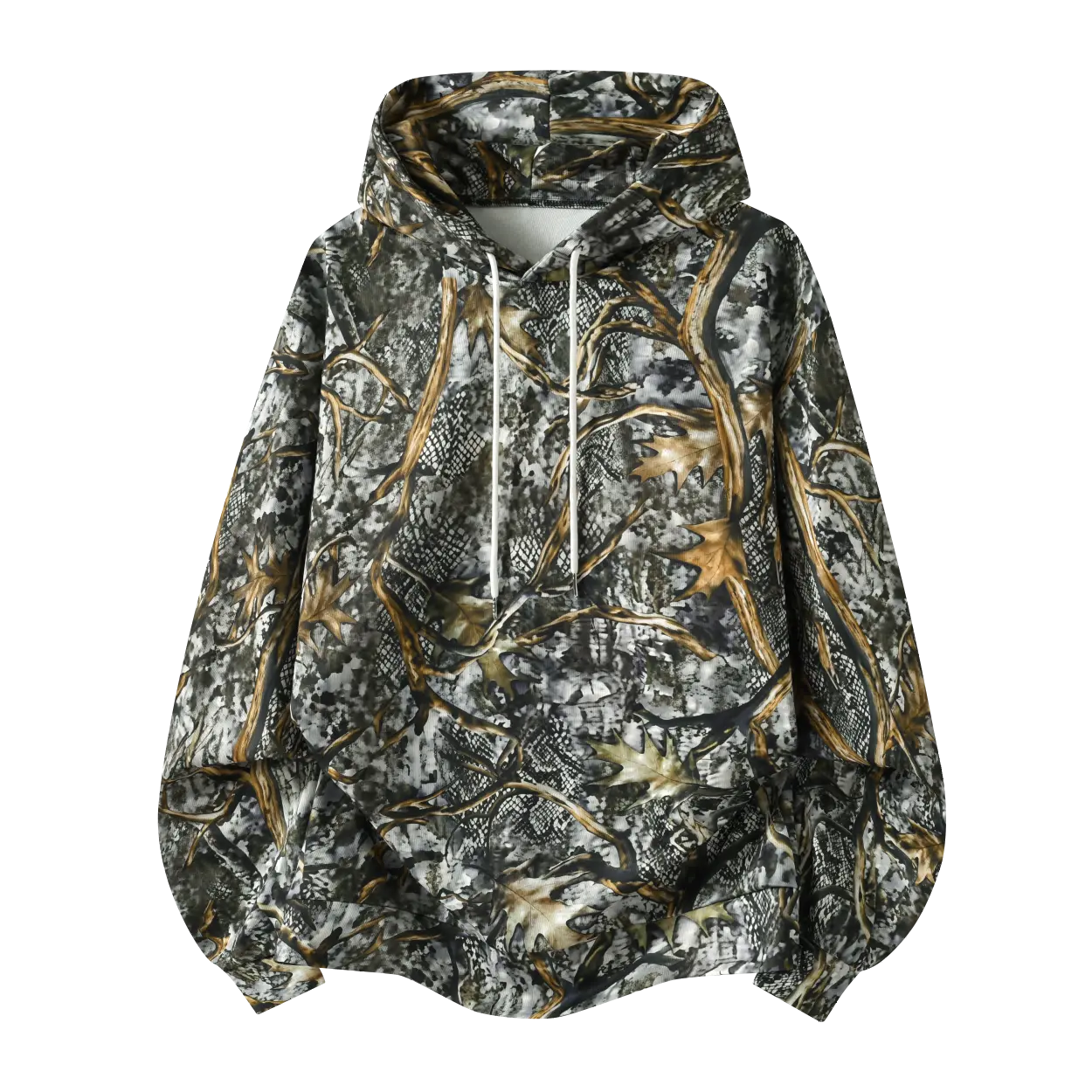 Men Tree Leaf Camo Drawstring Hooded Sweatshirt Soft Matte Brushed Fabric Realistic Forest Branch Leaf All Over Print Adjustable White Drawstring Ribbed Cuff Hem Oversized Outdoor Hoodie For Hunting Hiking Street Daily Outfit Multiple Color Options