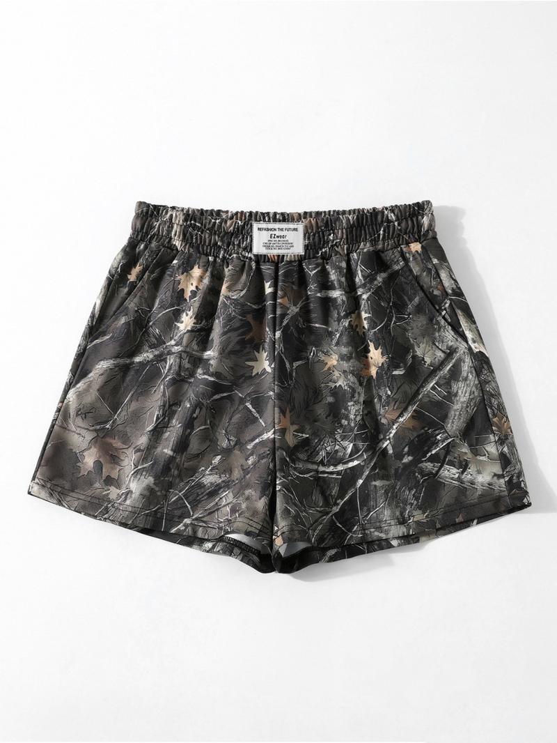 Vintage Street Withered Branch Camo Print Loose-Fit Gym Shorts, Casual All-Season Wear, Moderate Fabric Thickness, Kint Style, Athletic Shorts