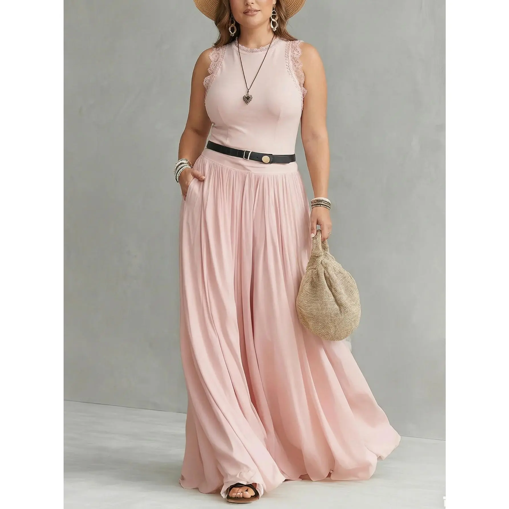 Plus Size, Women's Plus Size Pink Sleeveless Maxi Dress with Lace Trim & Waist-Cinched Tie - Round Neck Wedding Dress, Wedding Guest Gown, Spring Summer Prom Dress Suitable for Date Nights & Special Occasions