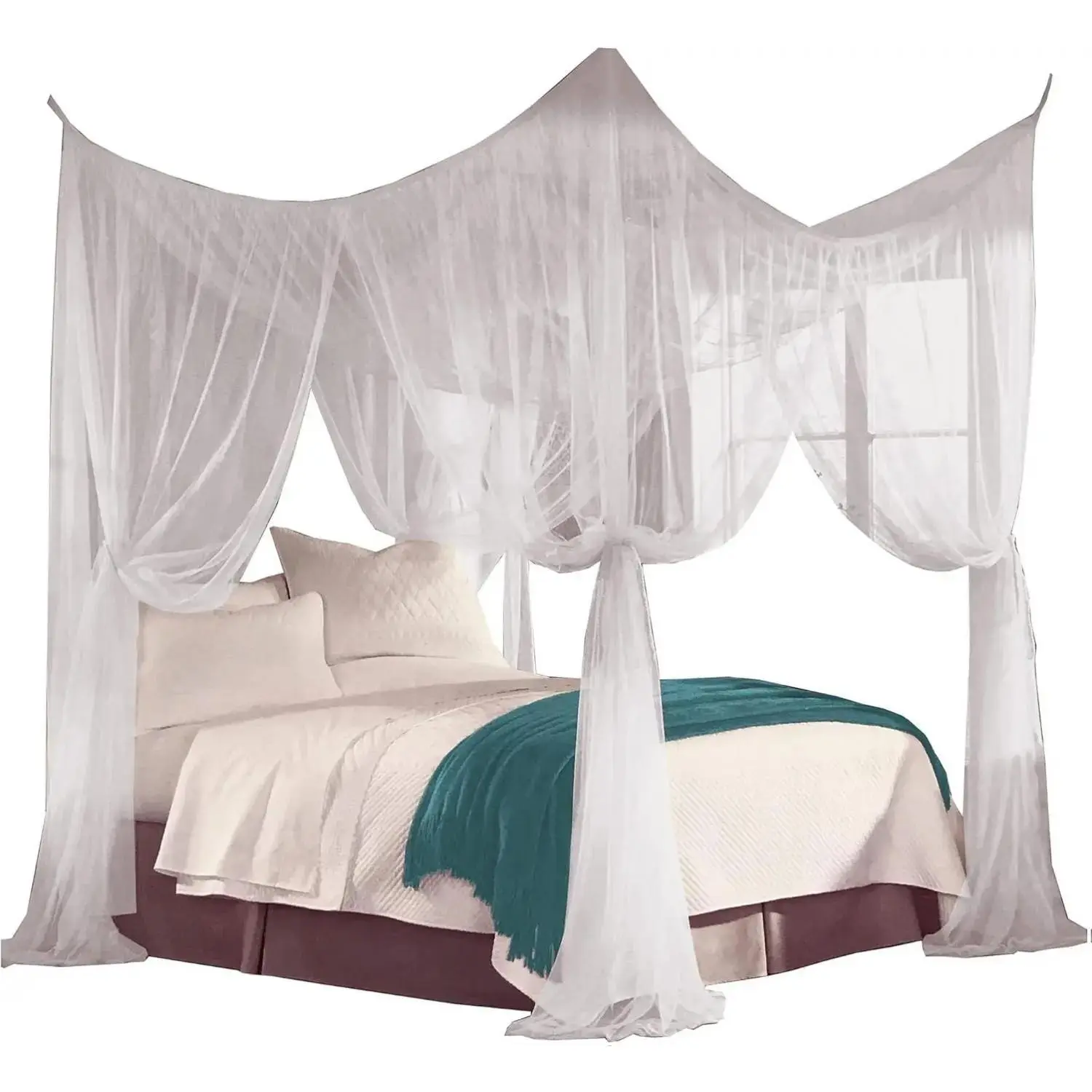 Elegant White Four Corner Bed Canopy Net Set, Decorative Sheer Mesh Drapes for Full, Queen & King Beds