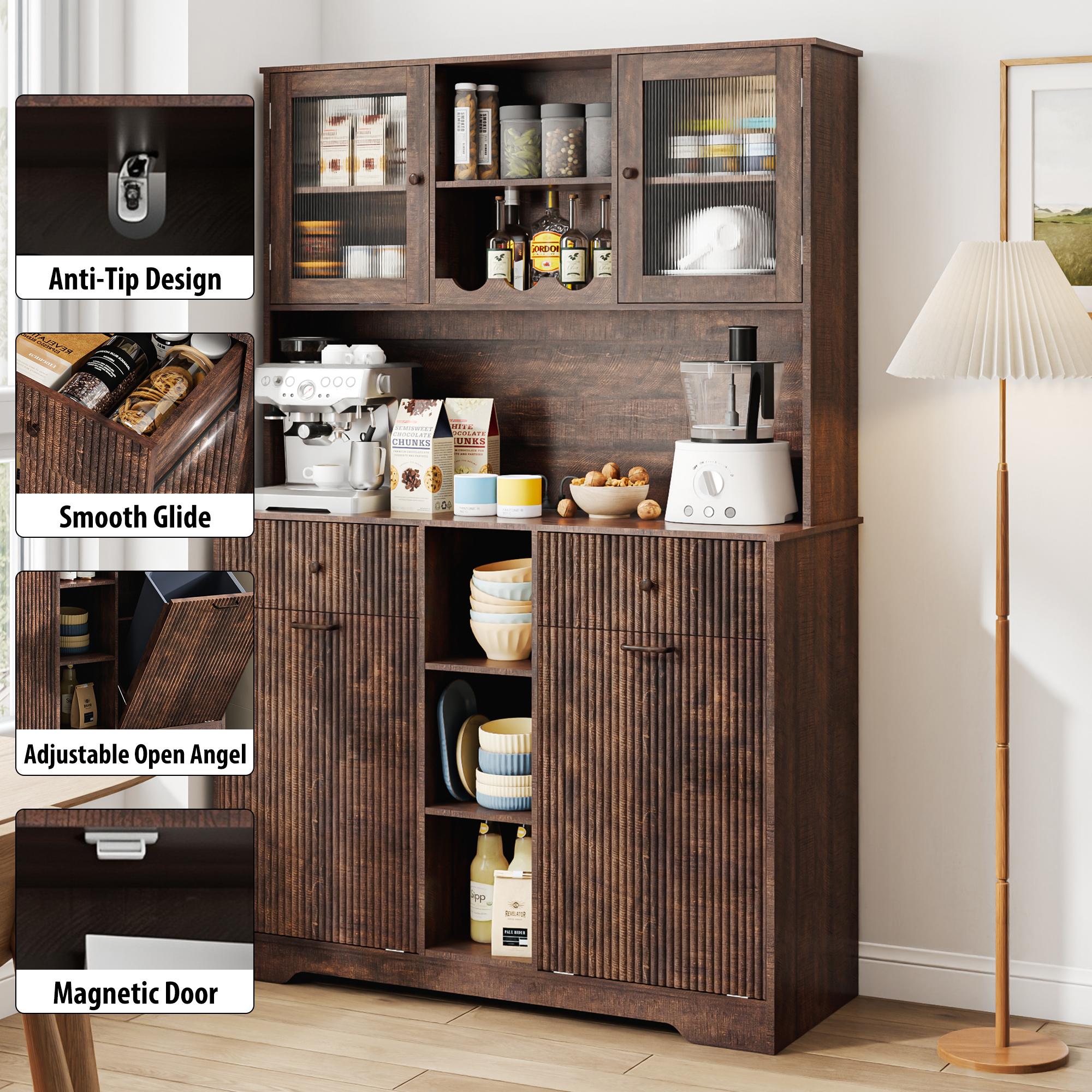 【2Packages Shipping】10×2 Gallon Double Tilt Out Garbage Can Hutch Cabinet with Two Drawers, 71'' Farmhouse Pantry Cabinet with Power Outlet, 47" Wide Pantry with Hidden Garbage Storage for Dining Room, White/Dark Brown