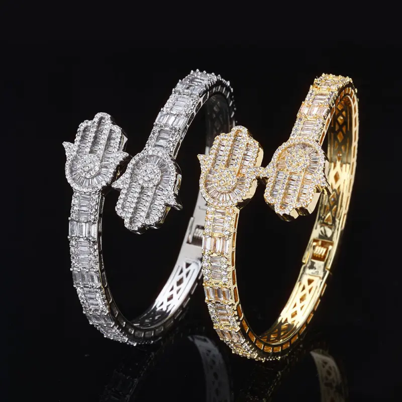 European and American cross-border hip-hop style men's palm bracelet with zircon inlay, personalized accessory with a high-end feel, Exquisite Bracelet, Elegance, Fatima's hand bracelet, Adjustable Copper Bracelet