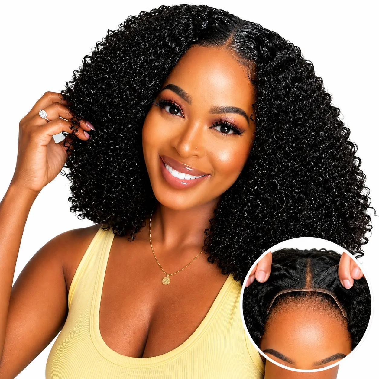 Black Women's 4x4 HD Lace Frontal Remy Human Hair Wig, 180 Density Natural Color Short Kinky Curly Bob, Pre-Plucked Glueless Ready-to-Wear Wet-and-Wavy Lace Front Wigs, Lace Frontal Wigs, Human Hair Wigs
